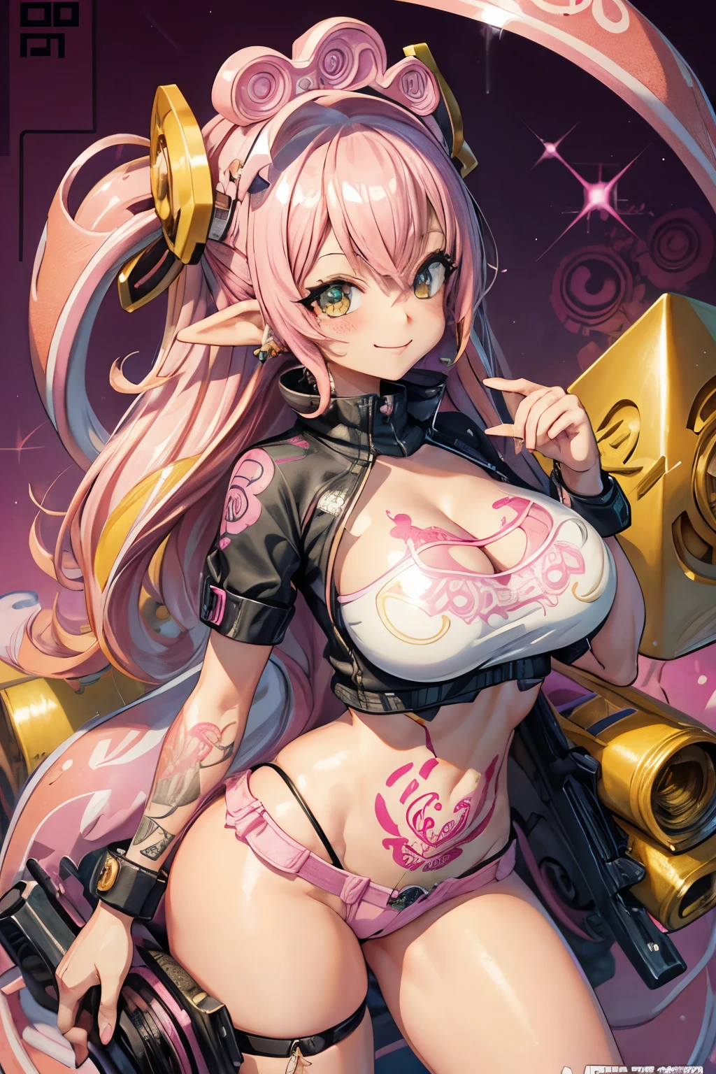 highest quality、High resolution、Real Anime、3D、Splatoon Girl、Alternative anime girl covered in tattoos, Lots of tattoos, tattoo sleeve, gigantic breast、Cleavage、Pink short tentacle hair、Golden Eyes、blush、Smiling with mouth slightly open、focus on pink and yellow colors, figure, basic color background, Industrial, graphic, lino print