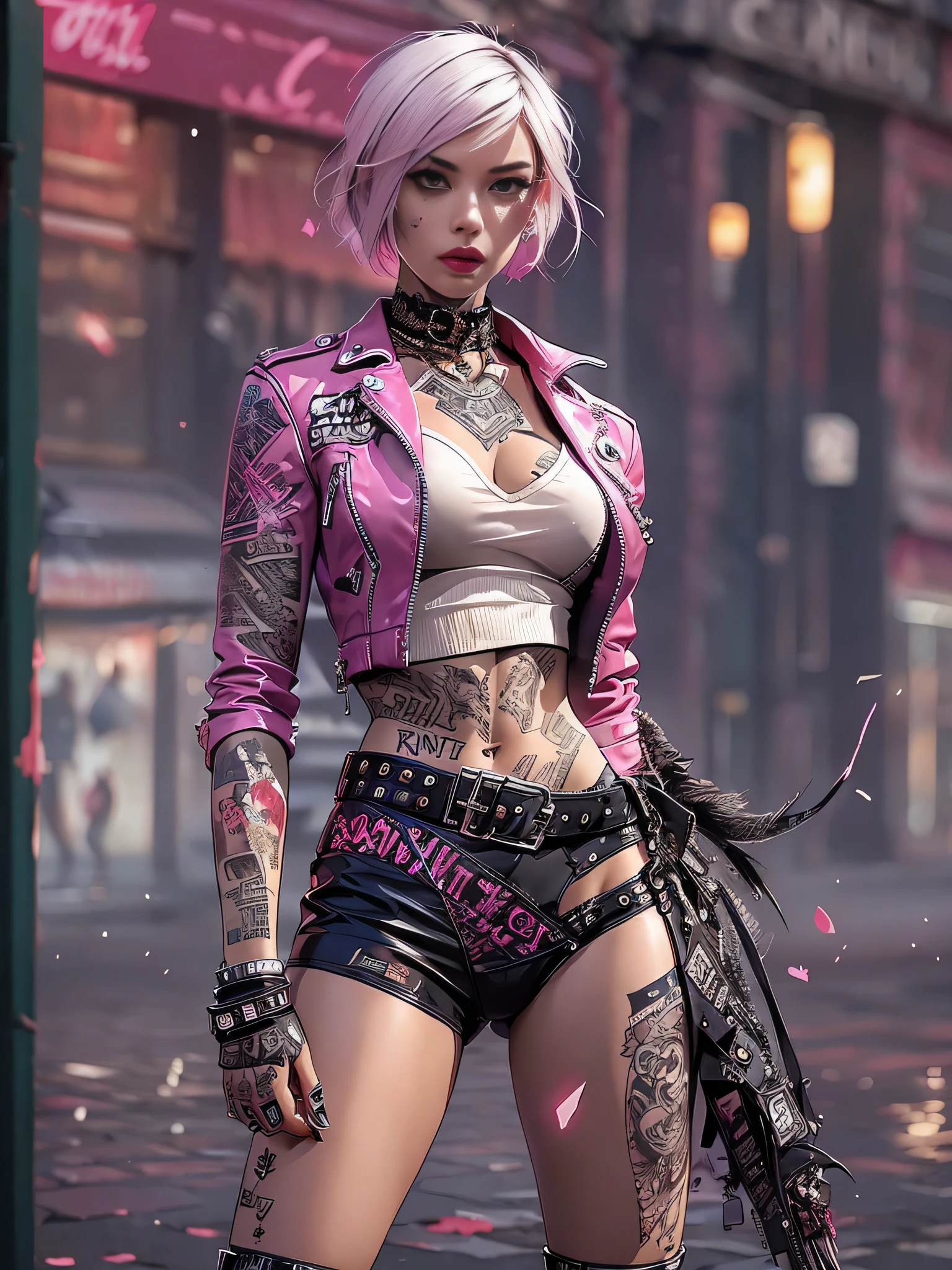 (((of the highest quality: 1.4))),(unparalleled masterpiece ever), (Ultra high definition),(Ultra-realistic 8K CG), offcial art、
(((adult body))), (((1girl in))), ((( Bob Shorthair ))), Punk girl with a perfect body,
Jacket with metal spines,Beautiful and well-groomed face,,Detailed punk fashion,leather jackets, black bra
(Image from head to thigh),((Pink Bob Shorthair )), Small leather panties, Simon Bisley's urban savage style,
Detailed street background of London,
Clean abs, Complex graphics, dark pink with white stars and gray and white stripes,,, (( Many poisonous tattoos )), piercings,