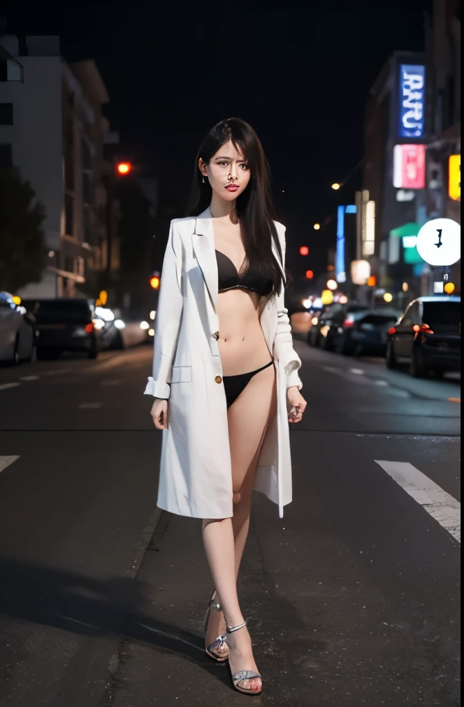 (((best quality))),1 female,slender face,Black Hair,Brown Eyes,medium hair,straight hair,looking at viewer,small breasts,25 years old,No pubic hair,Height: 165cm,(full body),City of night,Night Dweller