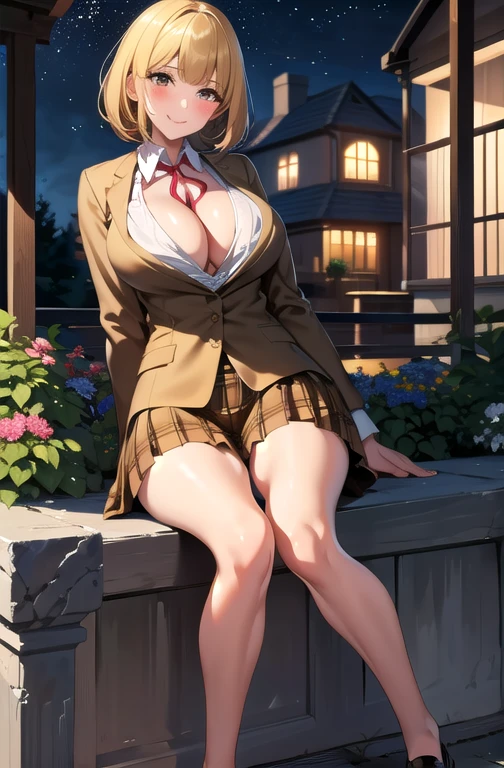 (masterpiece,best quality, detailed), 1 Girl, Solitary, outdoor, stairs, Connected fences, night, from below, Smile, Open your mouth, Squint, eyelash, seductive Smile, sit, blush,(((Full and soft breasts,)))(((Large Breasts))) (((Cleavage))),
Green River Flower, Brown jacket, Neck strap, Collared shirt, , Plaid skirt, (shorts, shorts under skirt), Loafers