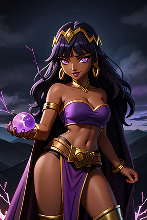 (best quality:1.3), (4K quality),masterpiece, best quality, high res, detailed, (Detailed face:1.2), (Detailed eyes:1.2), (Perfect figure:1.2), CARTOON, ANIME, CARTOON ARTSTYLE, Fantasy style, Fantasy setting, solo, 1girl, 25 year old woman, sorceress, (Dark skin:1.5), purple hair, wavy hair, long hair, purple eyes, mascaras purple eyeshadow, smile, purple lipstick, tattoos, medium breasts, waist, slender legs, attractive body, slim figure, perfect shape, (Wearing: golden headband, purple strapless top, purple loincloth, pelvic curtain, golden armlets, golden knee-high boots:1.3), highly detailed costume with intricate designs, looking at viewer, she's looking at the camera with an thrilled and confident smile, both hands glowing bright purple, purple magic, bright purple sparks in both hands, expressive expression, dark and mysterious aura, complex eye makeup, mystical energy radiating from her hands, electric purple orbs swirling around her, beautifully contoured face, fierce and confident posture, dark and dramatic lighting, vivid colors, intense purple and magenta color palette, individual spheres spinning at different speeds, translucent orbs emitting purple sparks, tracing of rays throughout the scene, illuminating the woman's silhouette with a mesmerizing glow, breathtaking visual effects, captivating and enchanting portrait, impressive level of detail in the woman's eyes and expression, attention to every intricate detail, BREAK (Night time, ethereal and magical atmosphere, outdoors, dark clouds in the sky, purple lighting, purple and magenta aroura's in the surroundings, gorgeous view of the mountains)