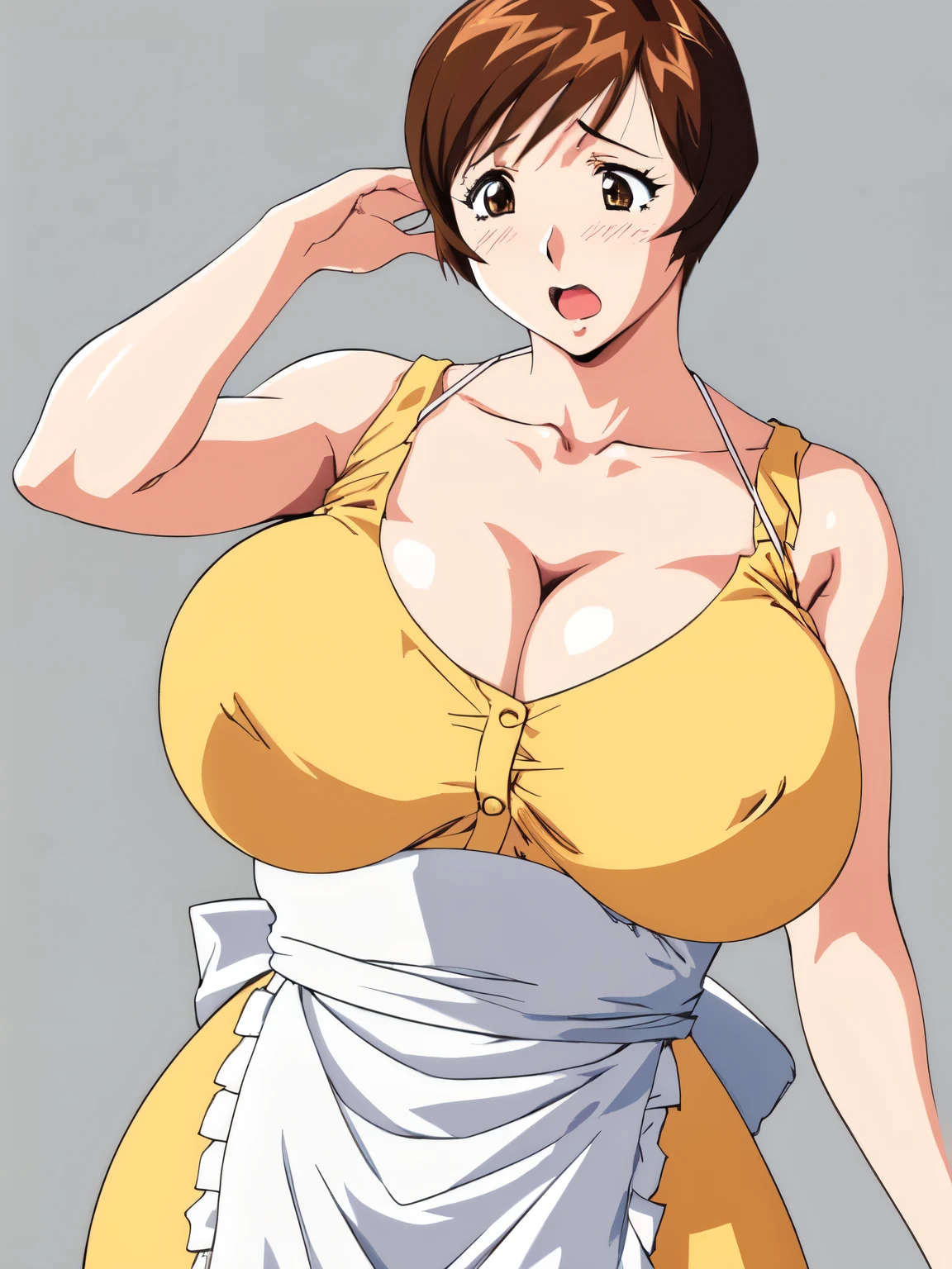 masterpiece, highest quality, High resolution, One girl, alone, sexual intercourse, Pornographic images, short hair, etsukoto, Brown eyes, fine grain, fine grain, (((Thick thighs, Plump thighs, Voluptuous thighs, Thighs alone are enough))), Huge and ample breasts, Cleavage, Huge long breasts, Naughty big,((Big breasts are important))、((Naughty thighs)), L Cup, (thin:1.4),(Tight waist:1.4),  (Yellow Dress:1.4), ((white waist apron)), White panties, surprised, wide eyed, open mouth, (((Simple Background))), ((Wide Hips)), Shiny, Oily skin, Mature mother, Calf, Seductive mature woman, Perfect body, Plus Size Model, etsukoto, blush, clavicle, retro artstyle, 1990s (style), ((upper body)), (((looking away))), [from side],