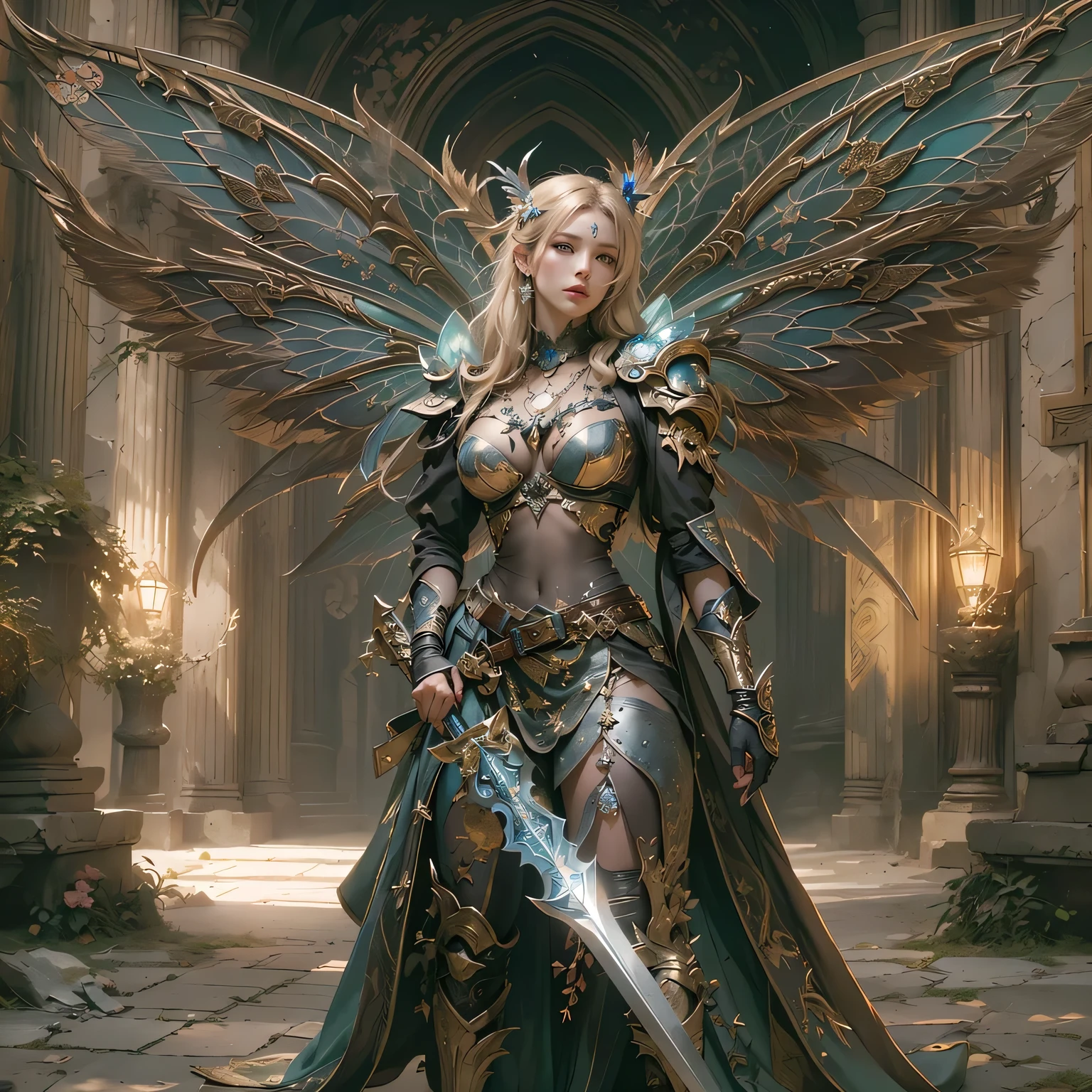 A woman in a blue dress with wings and a sword - SeaArt AI