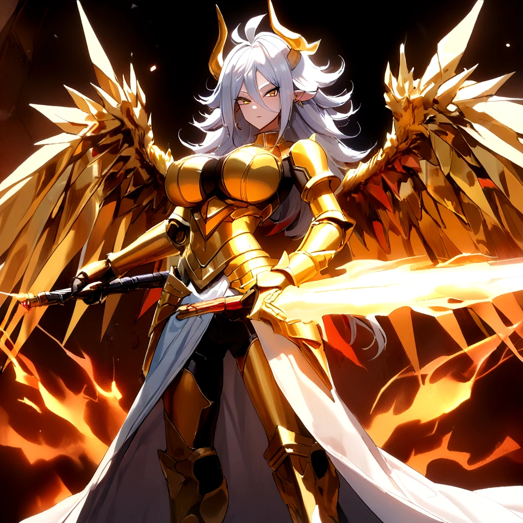 ((((Golden Spear)))), ((Lightning Power)), ((Electricity)), ((Fire Background)), ((Lightning Storm)), ((Power Erupting)), ((((android 21)))), (((white Coat))), (((Busty))), luxury bustier corset, ((silver hair)), (((Very slim waist))), propotional body, ((Gorgeous)), (((gold wings))), masterpiece, hyperdetail, ambient effect, digital effect, (((Lightning Spear))), (((Fire Gold Armor))), (((Lightning Gold Wings))), ((Fire Demon Horns))