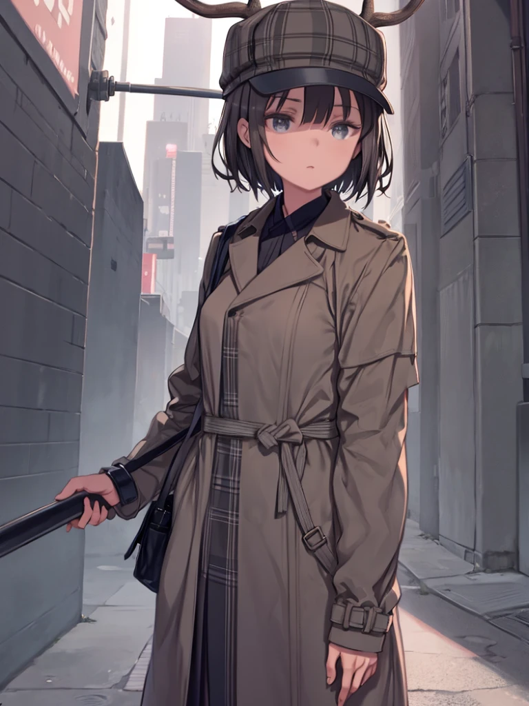 A female detective with short dark grey hair and grey eyes.、Wearing a trench coat and a deerstalker hat