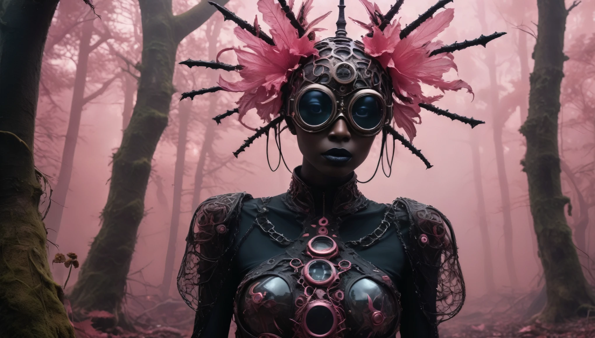 abandoned young niobium glass junkie's mummy made of dead crystal plants, foggy Louisiana forest, radioactive atmosphere,charcoal mechanical clockwork , steampunk dark horror fantasy, ominous fairyland,large number of stars fly towards the viewer,ruined theme,lots of toxic dust,amazon,full body length shot,once pretty face,full body length, eerie atmosphere, ethereal presence, toxic mists, supernatural entities, sinister aura, dark and twisted branches, macabre elements, eerie and ominous lighting,Complicated detail,captivating creation,intricate details,extremely detailed,masterpiece,intricate details,eyes extremely detailed, high detailed eyes,32k resolution, Nikon Z9,like Stone Forest in Yunnan Province of China,Simon Stalenhag,Nicola Samori,Wangechi Mutu, horror movie, cinematic look, creepy aesthetic, ultra detailed, photorealistic, masterpiece,(professional 3d render:1.3),junkie,matte black and (pink:1.2), organic outfit with a curved mask and a glass dome visor, fashionable alien junkie, vespertine, futuristic clothing and glass, movie stile, avante garde design stylings inspired by white and black squares and curves(Intricate:1.4), decadent