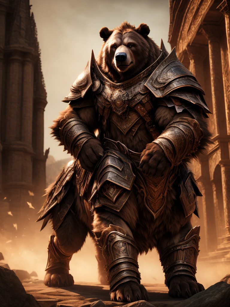 armored fur taur, armored fur, bear taur, quadruped, digitigrade, highly detailed, realistic, cinematic lighting, fantasy, (best quality,4k,8k,highres,masterpiece:1.2),ultra-detailed,(realistic,photorealistic,photo-realistic:1.37),intricate details, cinematic composition, dramatic atmosphere, volumetric lighting, detailed texture, muted tones, warm colors