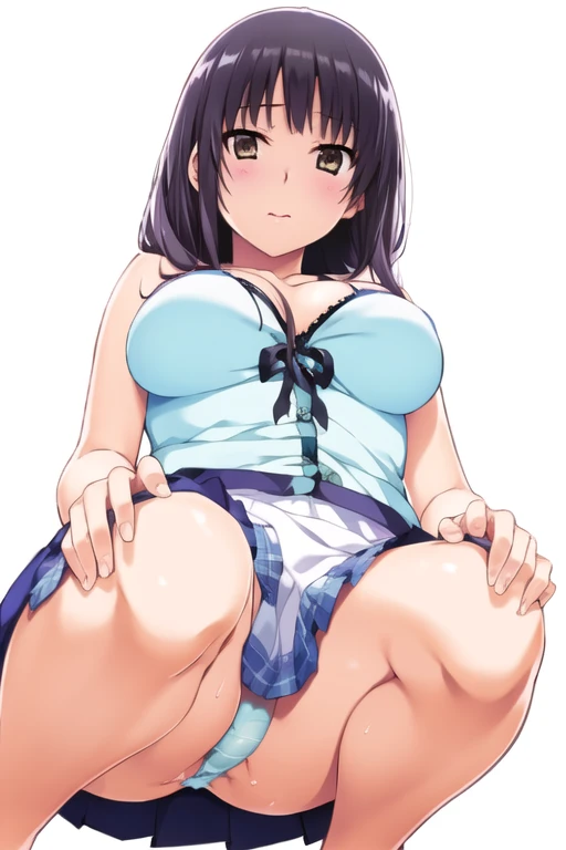 (8k, RAW Photos, highest quality, masterpiece:1.2),
One girl,alone,Mature Woman,Black Hair,Brown eyes,Long Hair, chest, chestの谷間, bikini, white bikini, View Viewer,alone, One girl, View Viewer, 2D, anime, anime coloring, Upper Body, (Simple Background, White background:1.3), utaha kasumigaoka, (((Skirt flip, I can see your panties)))，squat，From below，blush，Embarrassing， (( 指で膣を触ってMasturbationする)),Masturbation，orgasm，Love juice, 床にこぼれるLove juice, liquid splashing from girl, (( 指で膣を触ってMasturbationする))，Climax，Climax，Squirting，
Beach, 
 