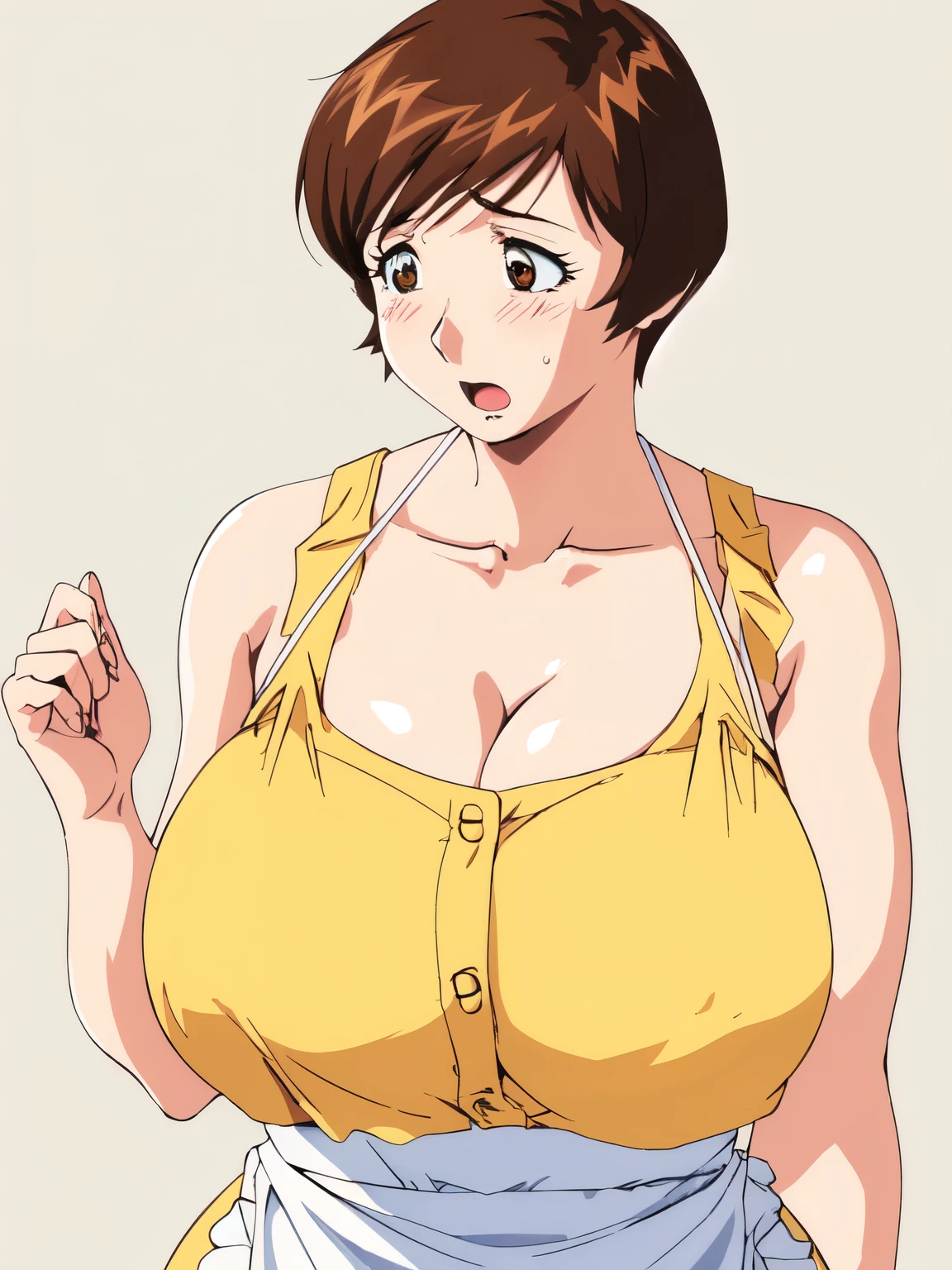 masterpiece, highest quality, High resolution, One girl, alone, sexual intercourse, Pornographic images, short hair, etsukoto, Brown eyes, fine grain, fine grain, (((Thick thighs, Plump thighs, Voluptuous thighs, Thighs alone are enough))), Huge and ample breasts, Cleavage, Huge long breasts, Naughty big,((Big breasts are important))、((Naughty thighs)), L Cup, (thin:1.4),(Tight waist:1.4),  (Yellow Dress:1.4), ((white waist apron)), White panties, surprised, wide eyed, open mouth, (((Simple Background))), ((Wide Hips)), Shiny, Oily skin, Mature mother, Calf, Seductive mature woman, Perfect body, Plus Size Model, etsukoto, blush, clavicle, retro artstyle, 1990s (style), ((upper body)), (((looking away))), [from side],