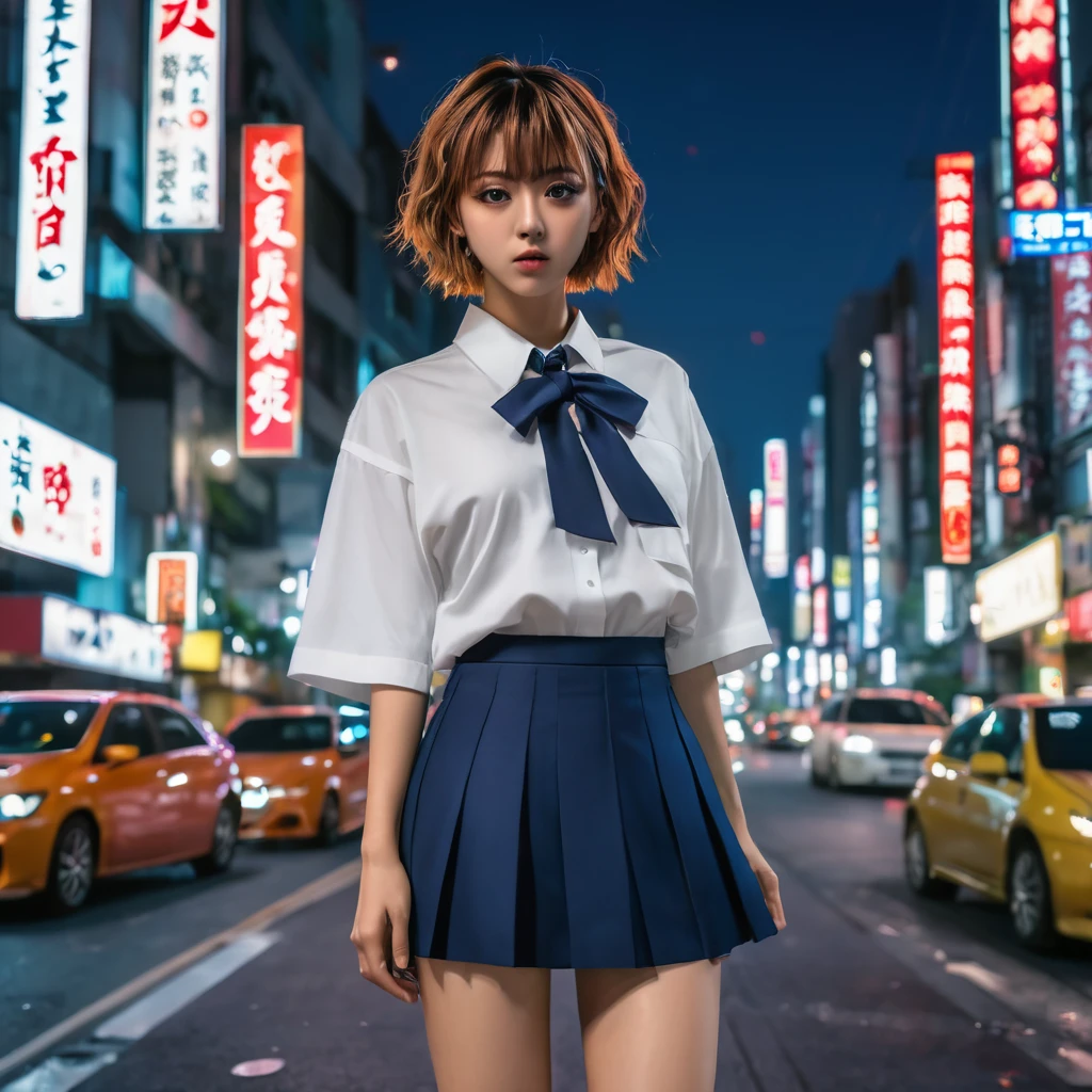(8k, RAW photo, masterpiece:1.3), (realistic, photo-realistic:1.37), (night), (looking at viewer:1.331), (bloody hair), posing, Tokyo street, nightcityscape, cyberpunk city, soft light, girl, extremely beautiful face, bust, put down hands, Random hairstyle, Random expression, big eyes, lower abdomen, (short-sleeved .JK_shirt), JK_style, (dark blue short JK_skirt), (bow JK_tie), mix4., best quality