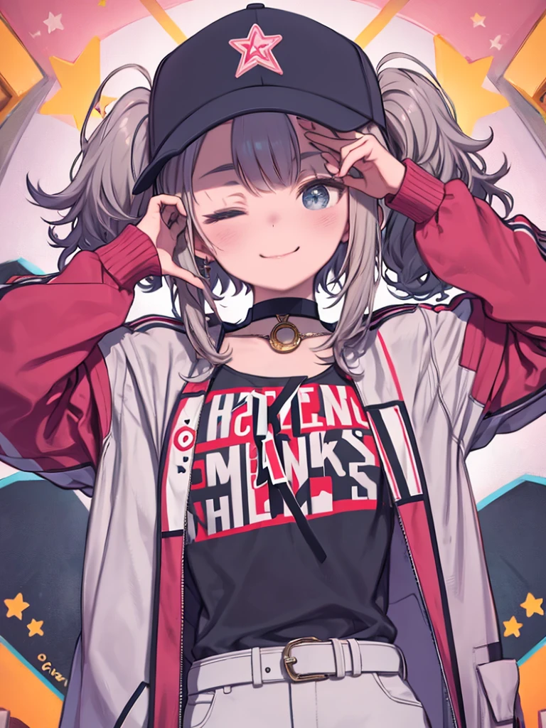 A proper third, View Viewer, smile, shirt, Long sleeve, Have, Twin tails, jewelry, Mouth closed, Jacket, Upper Body, Open clothes, choker, belt, pants, Medium Hair, necklace, star (symbol), open Jacket, White Hat, denim, short Twin tails, Clothes writing, Baseball cap, grey shirt, red Jacket, pink Jacket, white belt, backwards Have, letterman Jacket