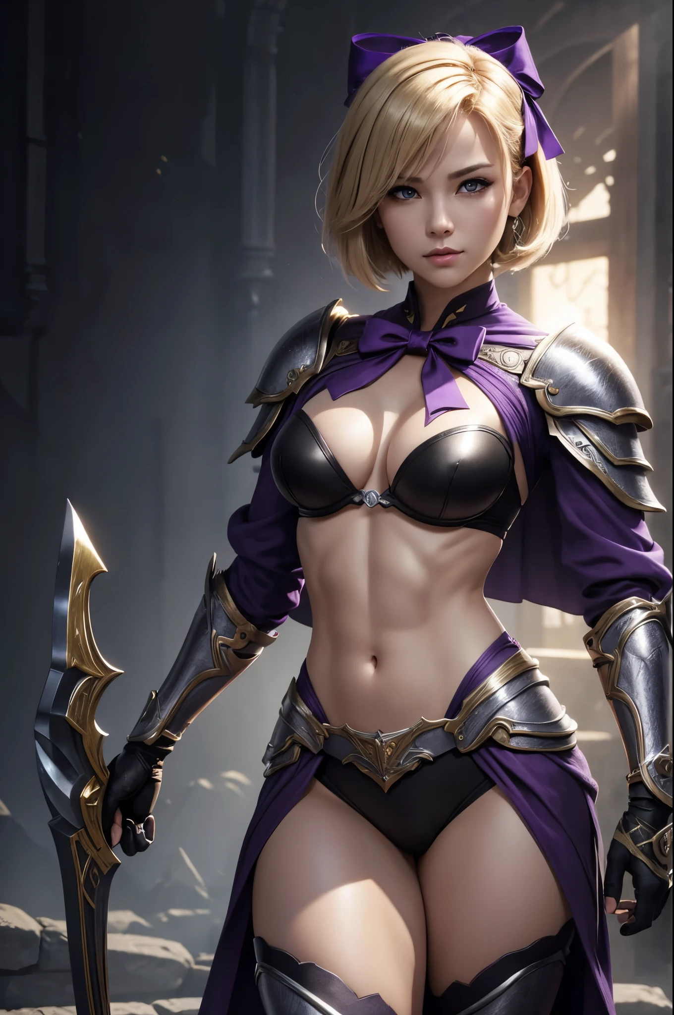 8K,Short blonde bob hair,Super Beauty,Arafed woman holding a purple and silver bow, super detailed Fantasy Characterss, 3D Rendering Character Art,ArtJam ; 3D Unreal Engine, Fantasy Costume, 4 k detail fantasy, Stunning Armor, Fantasy Characters, Gorgeous Female Paladin, Amazing character art,masterpiece,Photorealistic RAW photos of the highest quality。Bright colors,Rich colors, Backlight, Cinema Lighting, Film Grain, to be born, 50mm lens, Nikon D850,Ultra-high resolution,Ultra-Realistic Skin,Perfect hand shape,Fantastic landscape,Makeup,Hard and strong abs,Possesses a gorgeous purple and black bow,Purple and black combat trousers,Dynamic pose,Ready your bow,Blonde short bob hair,Small breasts,Has a large and gorgeous bow,Hard and strong abs,紫と黒のSmall breastsの胸鎧,