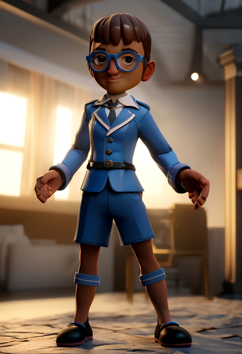 Cartoon character of a man in black glasses and blue shirt, um personagem animado, Caractere estilizado, animation style rendering, 3D estilizado, Arnold Maya rendering, Stylized 3D rendering, toon render screenshot, Personagem 3D, Personagem 3D, Stylized 3D rendering, 3D character rendering, personagem de desenho animado, Personagem de close up, Pose de personagem, (Estilo Pixar) (parte mestre:1.2) (Bokeh) (melhor qualidade) (pele detalhada) (textura detalhada) (8K) (argila) (cinematic lighting) (sharp focus,Senta e vaza a parte superior do corpo
