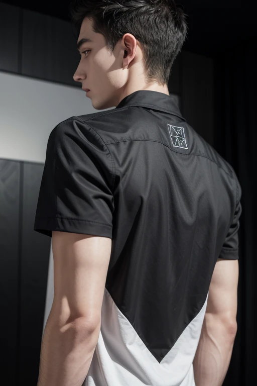 	1.	men&#39;s shirt White Shirt with Geometric Design:
	• Draw the shirt from the front and back.
	• On the back, include an abstract geometric pattern in black.
