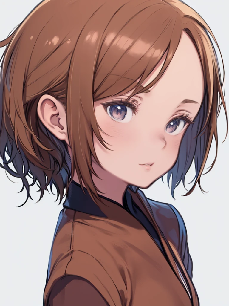 (highest quality、masterpiece)、A woman wearing a brown shirt and a brown jacket, Short hair, Soft Portrait Shot 8k, 8K Portrait Rendering, Realistic anime 3D style, Realistic young anime girl, Real Anime Girls, Anime Girl Profile, Shirahime cut hairstyle, Profile of a cute girl, (No background)、((White Background))、