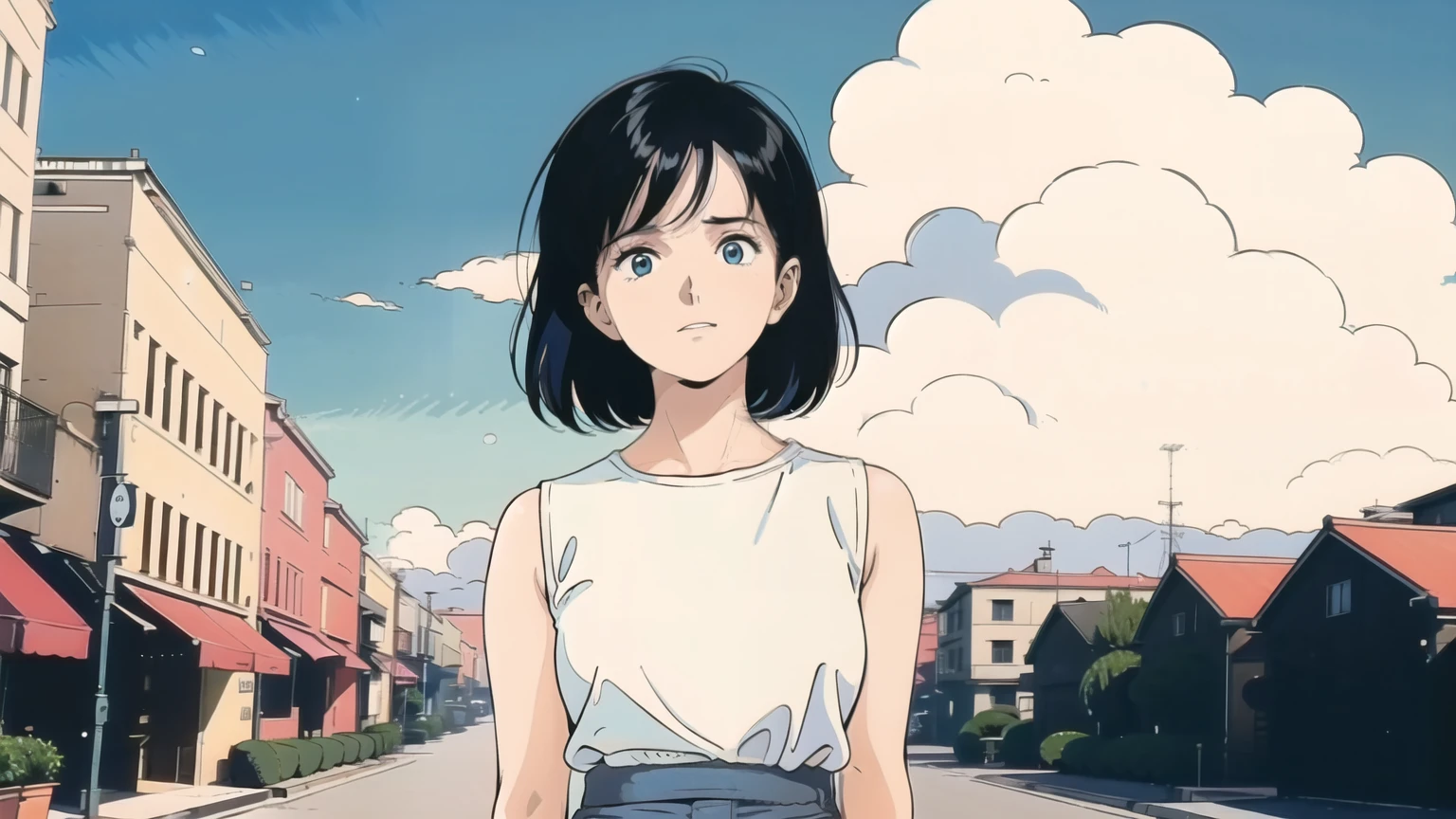 ((1980s_style)), naked, One girl, Upper Body, Black Short Hair, good, Denim shorts, Are standing, (Outdoor, Cityscape, building, street, blue sky, cloud), (Cowboy Shot),(masterpiece, high quality, 最high quality), (colorful),(Delicate eyes and face), Volumetric Light, Ray Tracing, Highly detailed CG Unity 8k wallpaper, alone.