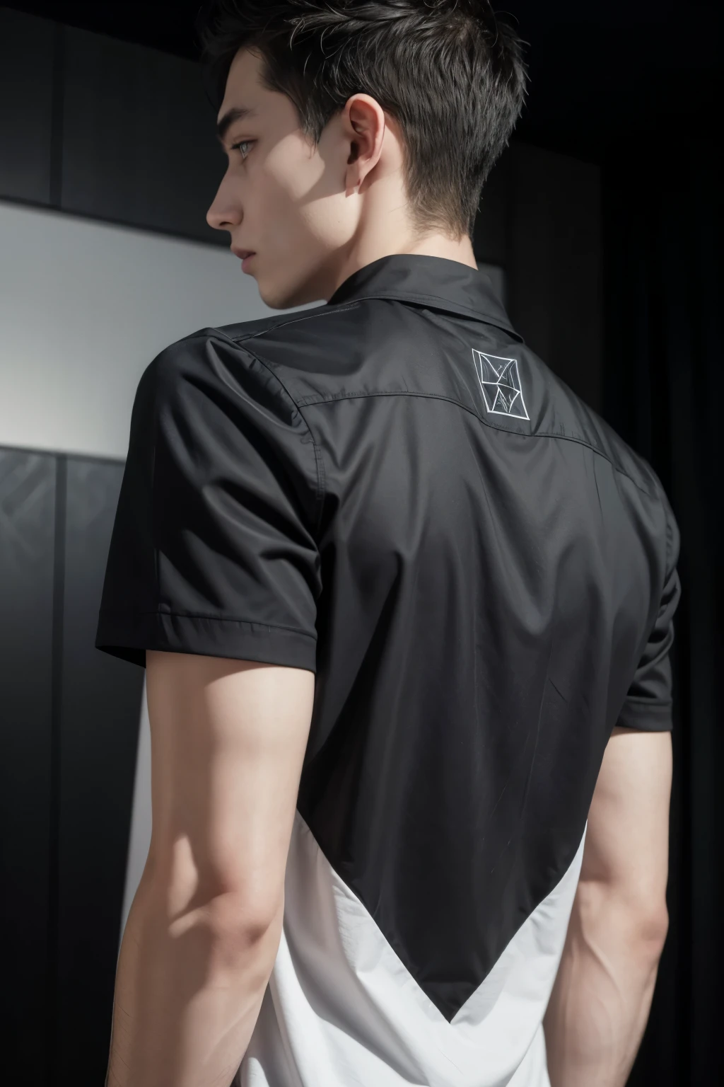 1. men's shirt White Shirt with Geometric Design:
• Draw the shirt from the front and back.
• On the back, include an abstract geometric pattern in black.
