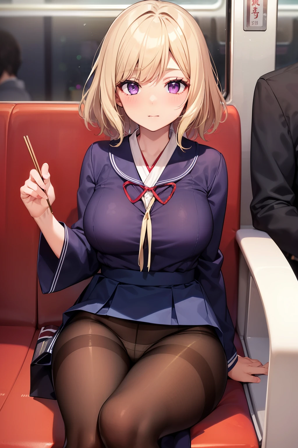 (Tabletop, highest quality, Super detailed), One Girl, Purple eyes, Blonde Hair, Dark Skin, Short Hair、Perm Hair、((Japanese school uniform))、((pantyhose))、(on the train)、(wimsuit))、sit
