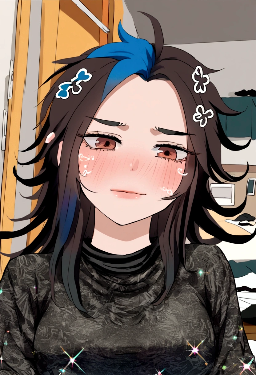 1 ,  bonito, cabelo preto, comma hair, forehead comma hair, cabelo coreano, estilo de rua, Moletom roxo, brilhante, olhos vermelhos, olhando para o espectador, tronco, shy face, dentro do quarto