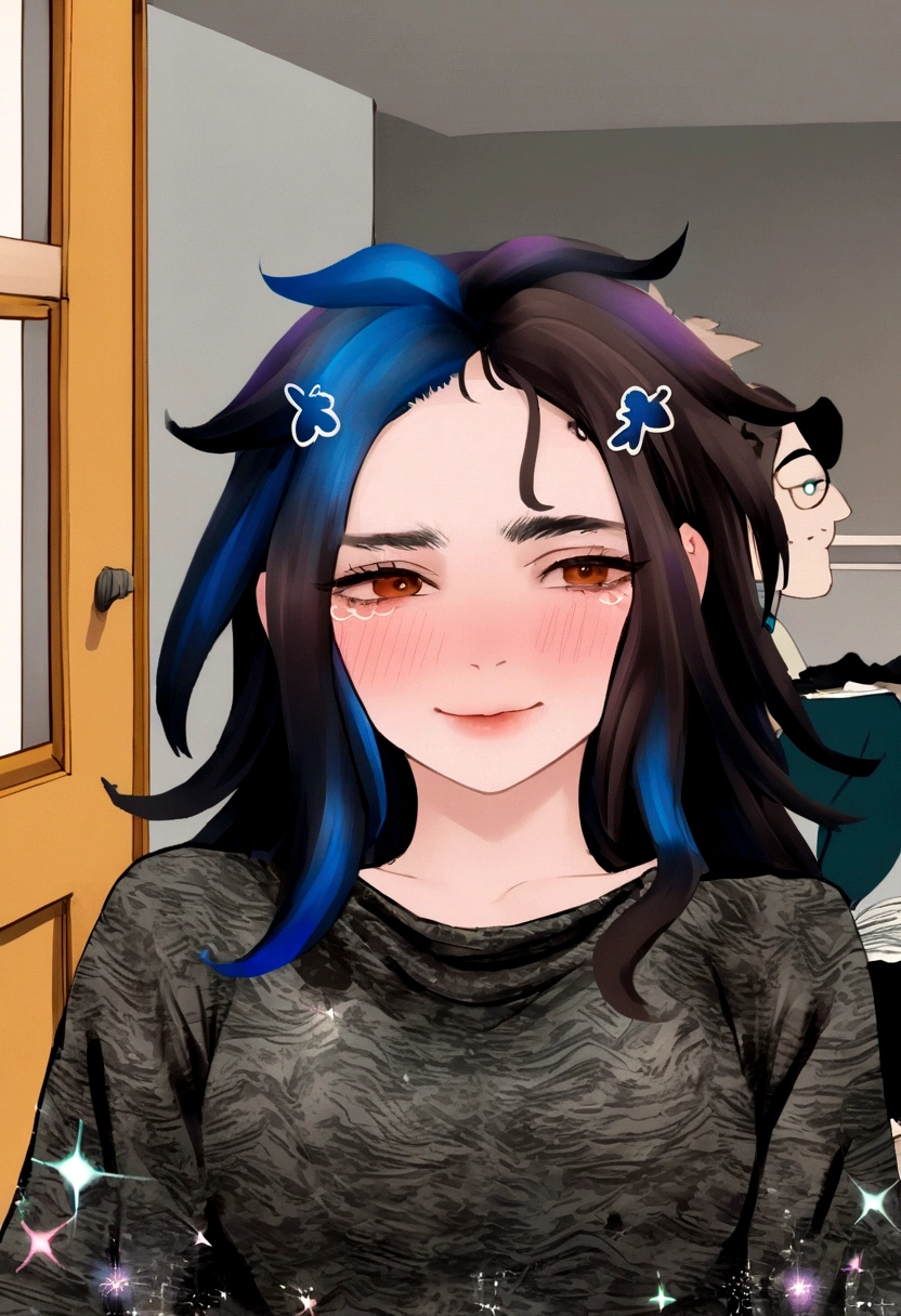 1 ,  bonito, cabelo preto, comma hair, forehead comma hair, cabelo coreano, estilo de rua, Moletom roxo, brilhante, olhos vermelhos, olhando para o espectador, tronco, shy face, dentro do quarto