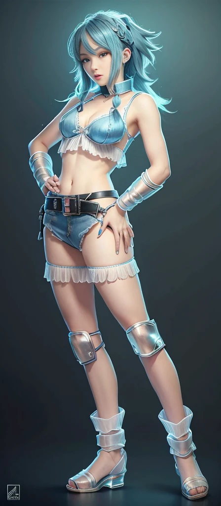 Blue Hair Surrealism, Character table, Reference Table, Standing painting, 8k, Super Detail, 1080P, Women HD, 4K, 8k, 16k, high resolution, best quality, high quality, Anatomically correct, masterpiece, precise, Ultra HD,grace,Unreal Engine,Delicate face,Long braids,slim,Long legs,miniskirt