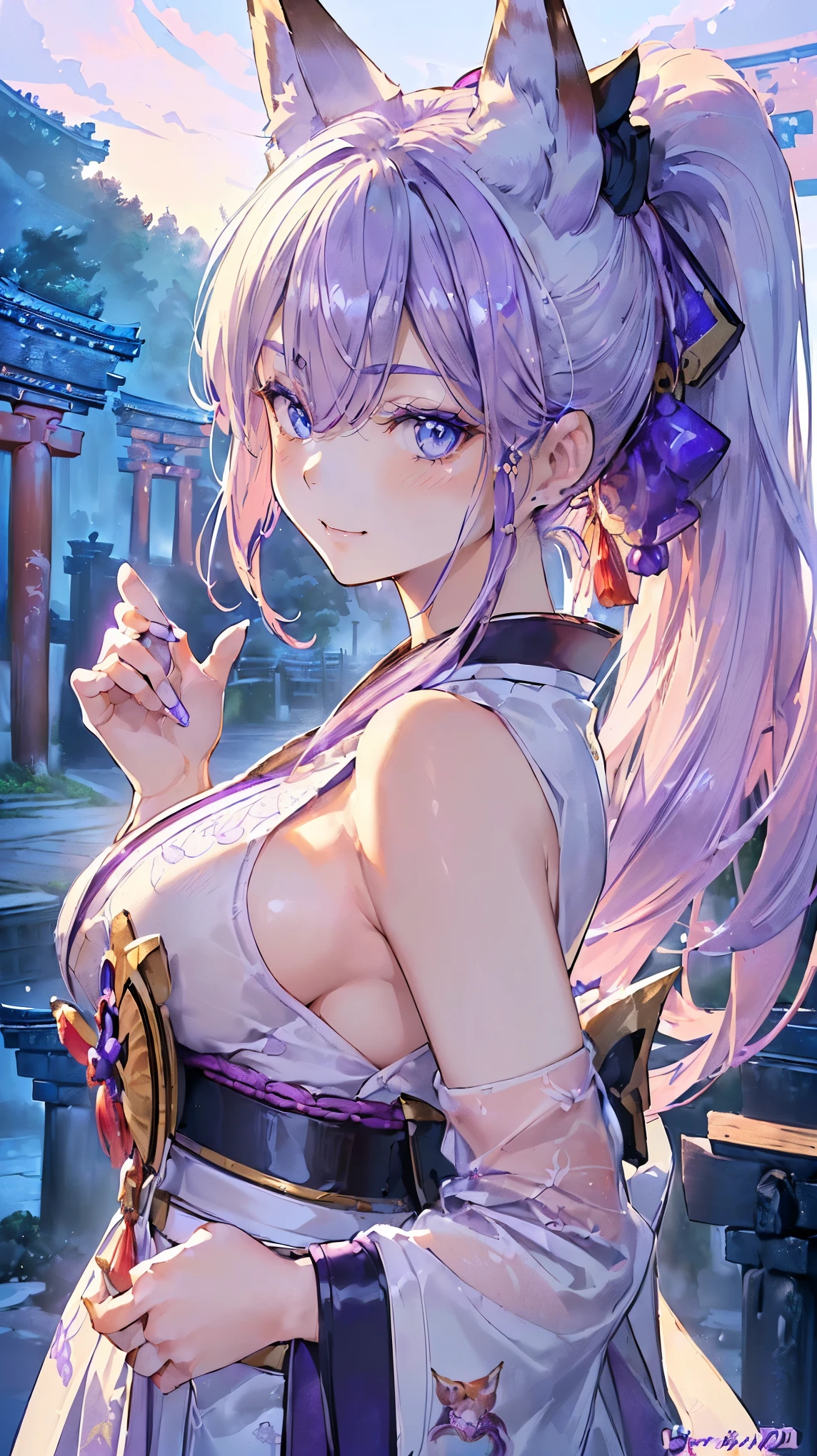 (((Masterpiece))), (((Highest quality))), ((Ultra-detailed)), ((Super fine illustration)), ((Ultra-fine painting)), (16K highest quality wallpaper:1.4), (Upper body:1.6), (Front view:1.4), HDR, (Highly detailed and delicate illustration style:1.8), Detailed skin texture, Detailed cloth texture, Extreme detailed description, Original, Intricate details, Super details, (27-years-old), (Solo:1.6), ((A very beautiful and attractive purple (fox:1.4) female fashion model:1.4)), (Highly detailed face:1.4), (Highly detailed purple fox ears:1.4), (Highly detailed beautiful and shiny purple ponytail:1.4), (Highly detailed beautiful and clear blue eyes:1.4), (Perfect anatomy:1.4), (Highly detailed hands:1.2), (Highly detailed fingers:1.2), (Highly detailed fingertips:1.2)
BRAKE
(Beautiful and adorable purple fox ears:1.6), (Highly detailed and delicate purple fox ears:1.2), (Beautiful and well-shaped big breasts:1.2), (Beautiful and well-shaped buttocks), (Beautiful and shiny purple ponytail:1.6), (Highly detailed and delicate purple ponytail:1.2), (Beautiful clear blue eyes that shine with great detail:1.6), (Highly detailed and delicate blue eyes:1.2), (Highly detailed face:1.4), (Smile:1.5), (Blush:1.3), (Looking at viewer:1.4), (Celebration:1.4)
BRAKE
((Brightly white and purple colored) and divine traditional shrine maiden costumes at Japanese shrines:1.4), (Japanese divine traditional costume:1.2) BRAKE
(Concept art:1.2) BRAKE
((Highly detailed and beautiful Ise Grand Shrine in Mie Prefecture just after noon in spring in the background:1.6), (Celebration:1.4), Ise Grand Shrine:1.2, Highly beautiful in the sunny sky background just after noon:1.2)
BRAKE