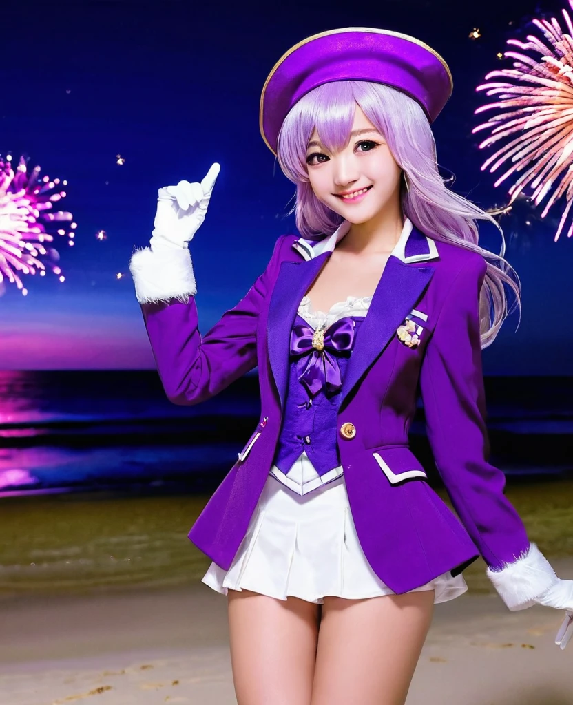 masterpiece, best quality, musse egret, purple hat, hairclip, green ribbon, purple jacket, white gloves, belt, purple miniskirt, upper body, blushing, smile, looking at viewer, beach, night, moon, fireworks, hands to chest