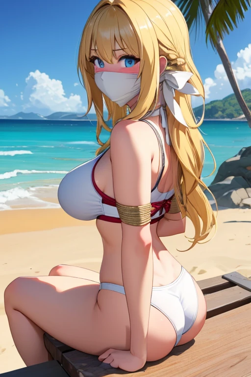 1 girl, detailed blue eyes, lange wimpern, detailed beautiful face, (Long blonde hair:1.4), festgebunden, gefesselte Arme, blushing, (Big boobs:1.1), White Bikini, White crop top, OTN, Gag, gagged, shibari, tied Gag, at a beach, sitting, Viewer from behind, View from behind