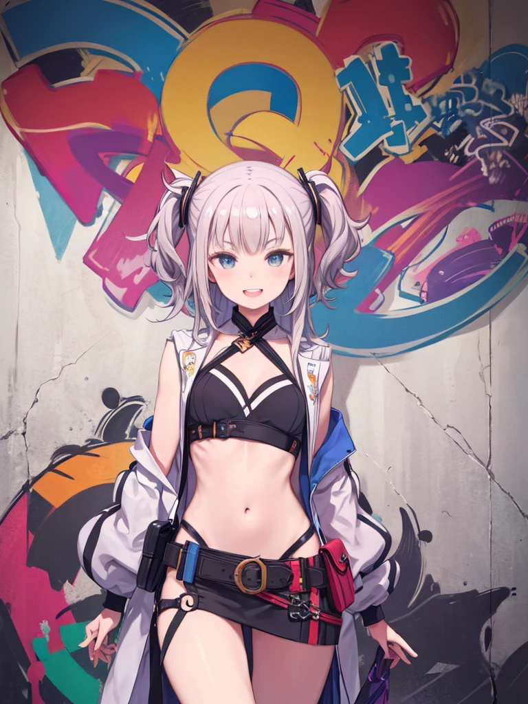 masterpiece, highest quality, High resolution, Highly detailed CG, 2nd Default, Costumes with asymmetrical design, Bare thighs, belt, chest, teeth, Laughter, graffiti