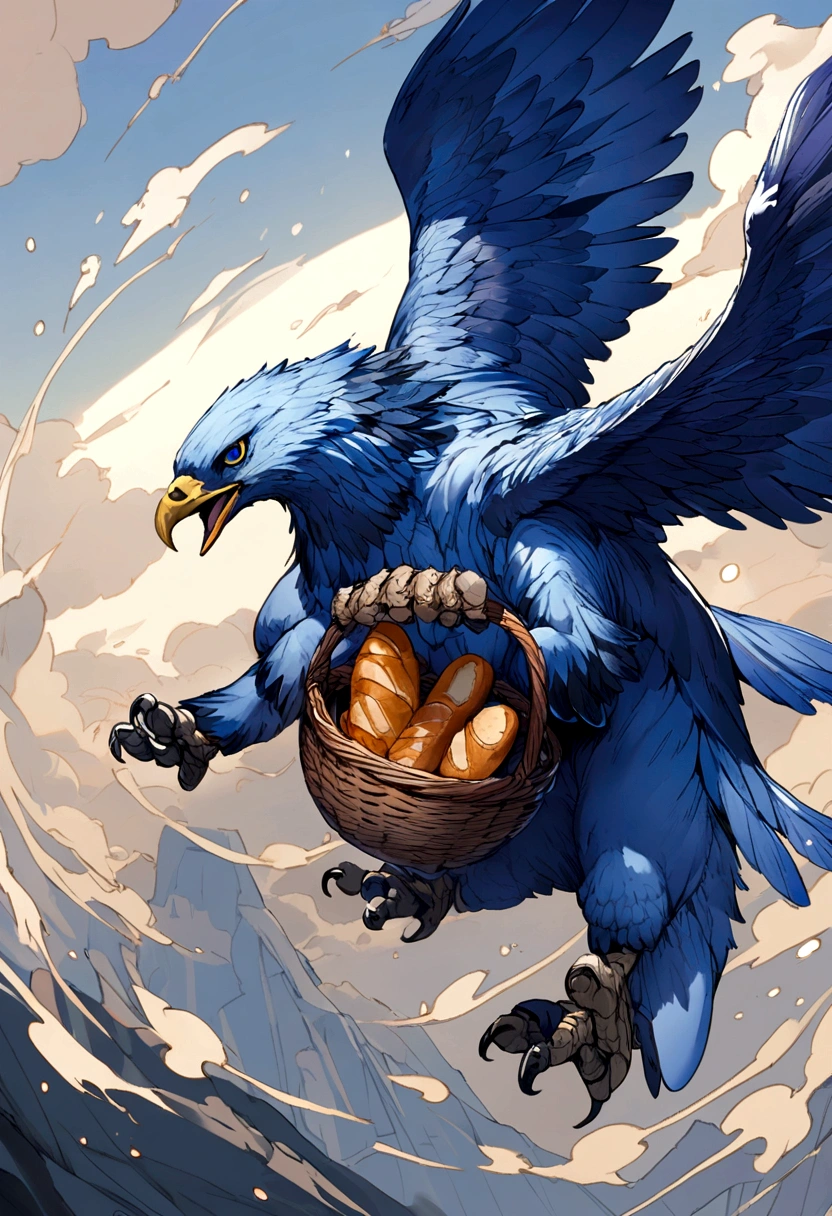 a blue eagle with open wings, holding a basket of bread