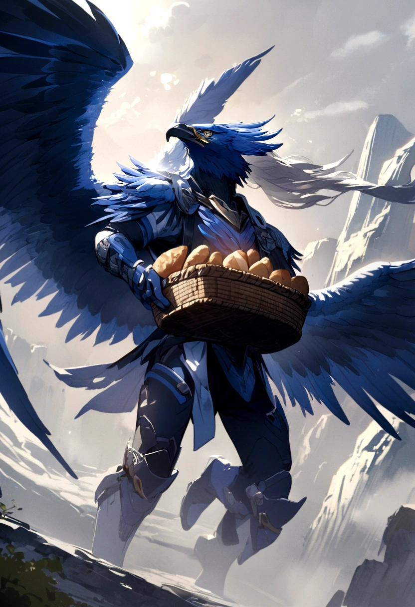 a blue eagle with open wings, holding a basket of bread