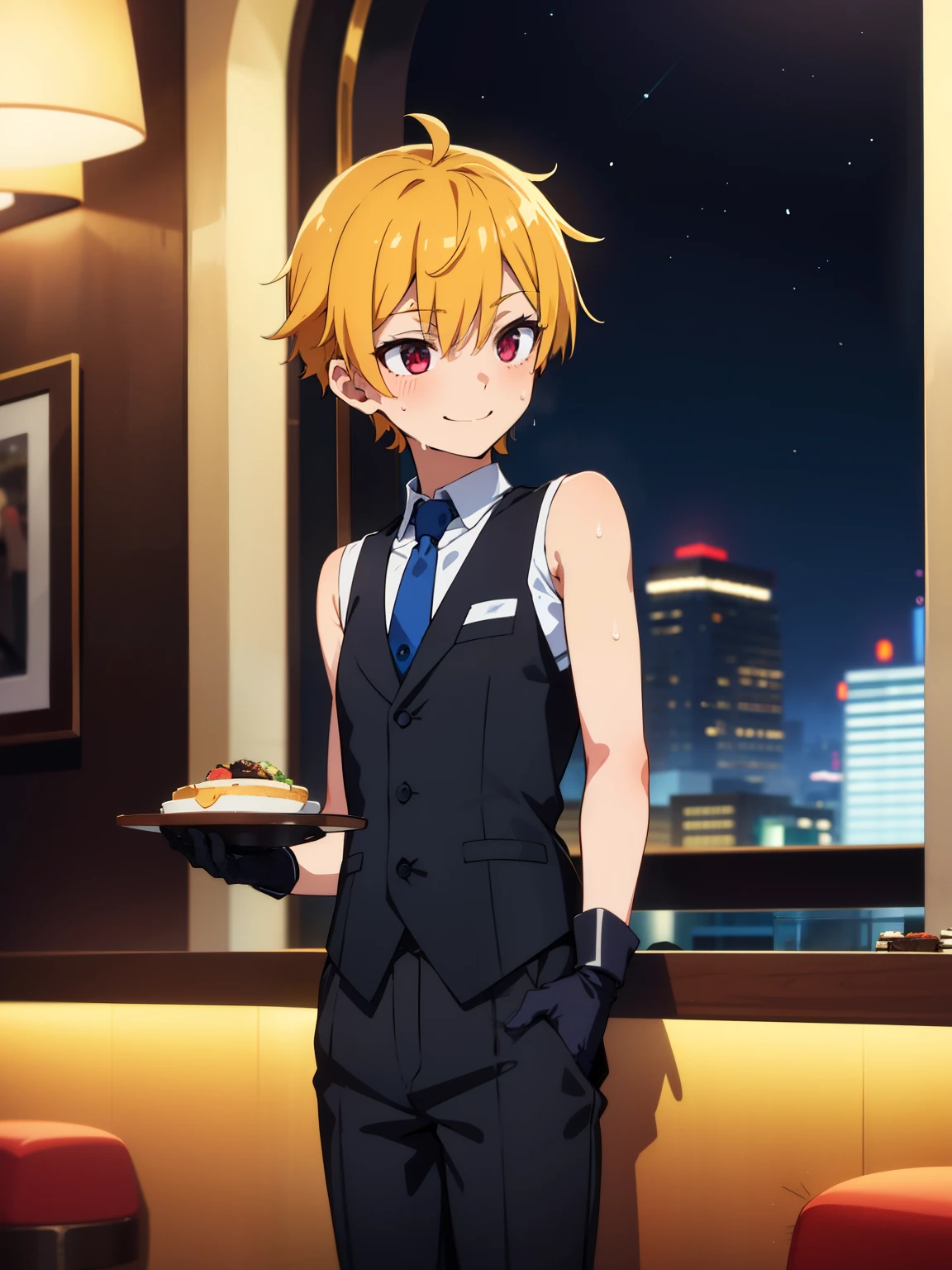 Highres, Masterpiece, Best quality at best,Best Quality,hight quality, hight detailed, Anime style, 1boy, Boy, Shota, Solo person, Sleeveless vest, Narrow shoulder, Tie, Gloves, Choker, Casino, Waiter, night day, Slim body, smile, sweat, Body, Simple beckground, Seen from the front, Serving food, (very young boy), (very small and short body)