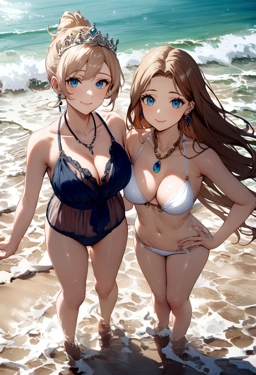 brown hair、 (( Sexy and gorgeous see-through bikini))、2 very beautiful Swedish 18 year old pretty girls、 shiny skin、 white skinned、 a smile、 beautiful bangs、 long and straight、2 位 絲般美蘿麗的brown hair女郎、 shiny hair、 Super long super straight hair、 Eyeliner、 a small face、 Extra large breasts、 crystal clear ocean blue eyes、 shining with beautiful light、 With tiara, pendant and earrings、beautiful and smart girl、 Playing in the water outdoors on the beach and taking a full body photo together、 Looking to the future