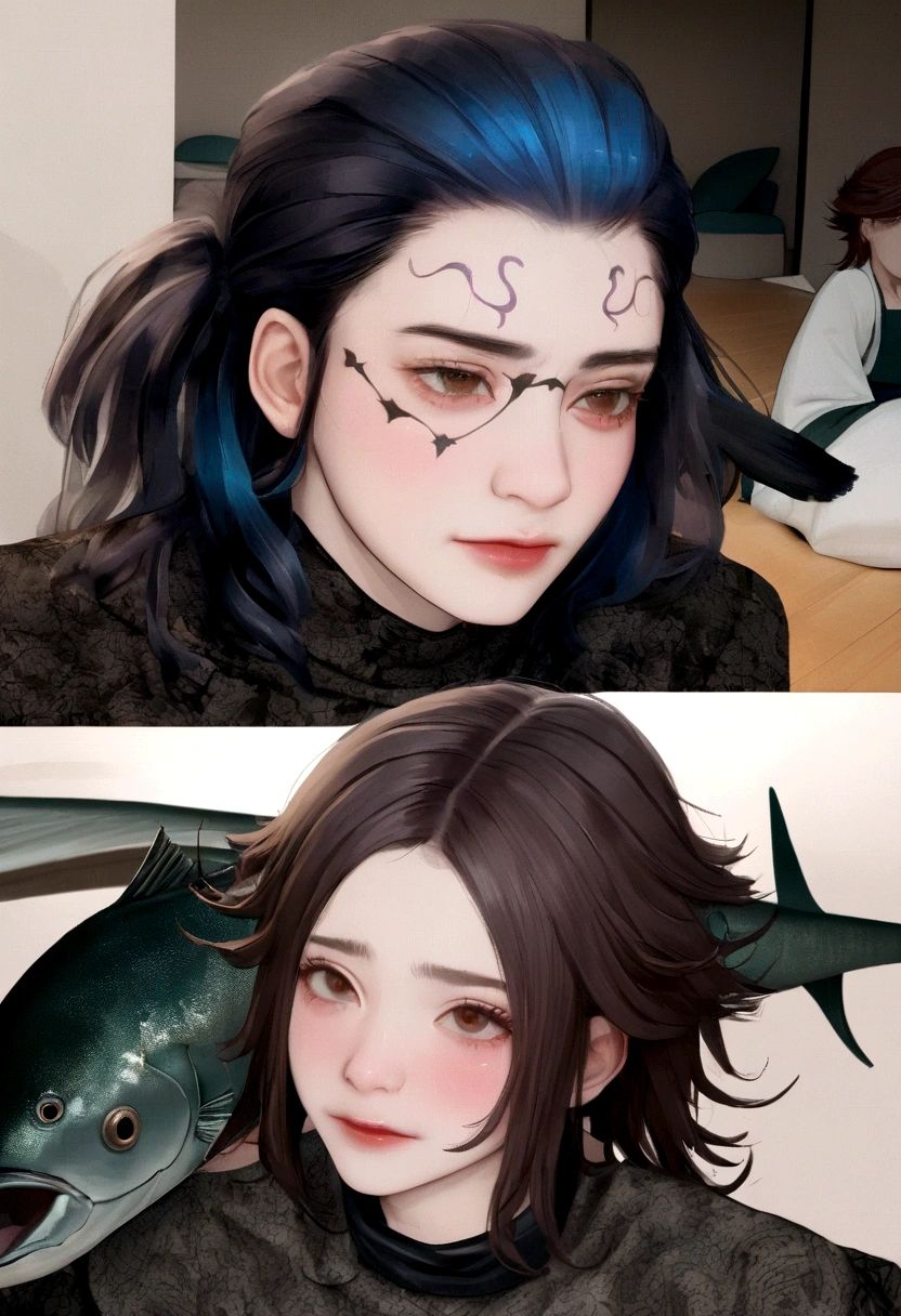 1 , bonito, cabelo preto, comma hair, forehead comma hair, cabelo coreano, estilo de rua, Moletom roxo, brilhante, olhos vermelhos, olhando para o espectador, tronco, shy face, dentro do quarto, realista, 8k