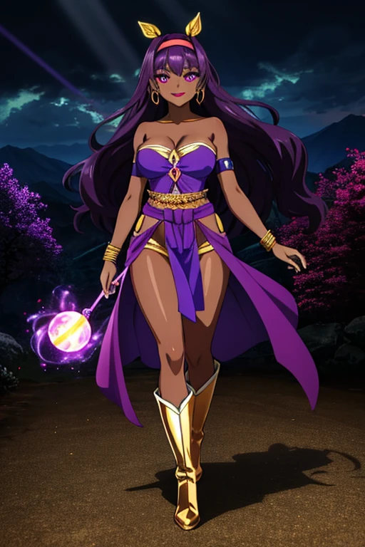 (best quality:1.3), (4K quality),masterpiece, best quality, high res, detailed, (Detailed face:1.2), (Detailed eyes:1.2), (Perfect figure:1.2), CARTOON, ANIME, CARTOON ARTSTYLE, Fantasy style, Fantasy setting, solo, 1girl, 25 year old woman, sorceress, (Dark skin:1.5), purple hair, wavy hair, long hair, purple eyes, mascaras purple eyeshadow, smile, purple lipstick, covered in tattoos, medium breasts, waist, slender legs, attractive body, slim figure, perfect shape, (Wearing: golden headband, purple strapless top, purple loincloth, pelvic curtain, golden armlets, golden knee-high boots:1.3), highly detailed costume with intricate designs, looking at viewer, she's looking at the camera with an thrilled and confident smile, both hands glowing bright purple, purple magic, bright purple sparks in both hands, expressive expression, dark and mysterious aura, complex eye makeup, mystical energy radiating from her hands, electric purple orbs swirling around her, beautifully contoured face, fierce and confident posture, dark and dramatic lighting, vivid colors, intense purple and magenta color palette, individual spheres spinning at different speeds, translucent orbs emitting purple sparks, tracing of rays throughout the scene, illuminating the woman's silhouette with a mesmerizing glow, breathtaking visual effects, captivating and enchanting portrait, impressive level of detail in the woman's eyes and expression, attention to every intricate detail, BREAK (Night time, ethereal and magical atmosphere, outdoors, dark clouds in the sky, purple lighting, purple and magenta aroura's in the surroundings, gorgeous view of the mountains)
