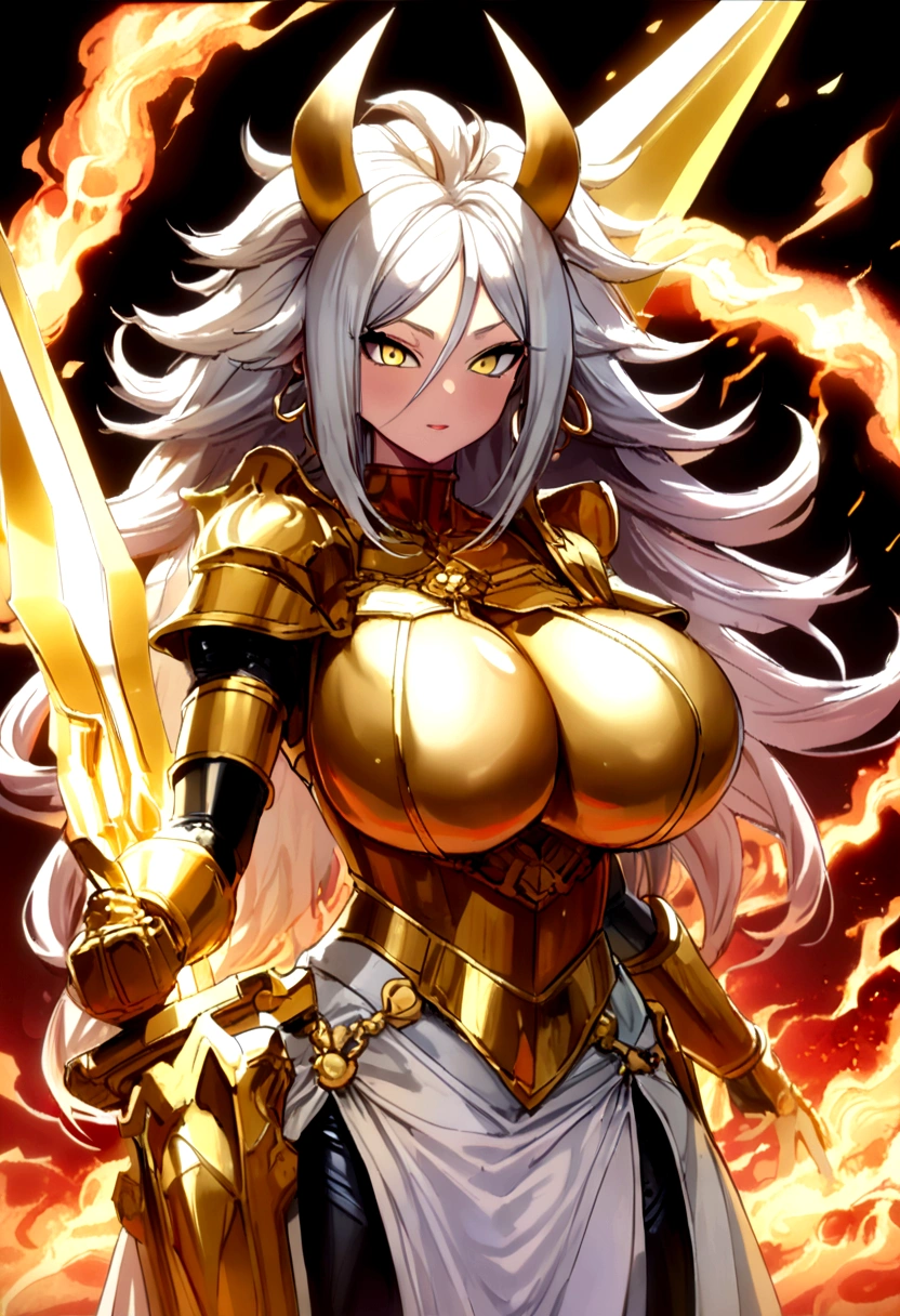 ((Lightning Power)), ((Electricity)), ((Fire Background)), ((android 21)), (((white Coat))), (((Busty))), (((((Big breast:1,3)))), luxury bustier corset, ((silver hair)), (((Very slim waist))), propotional body, ((Gorgeous)), ((gold wings)), masterpiece, hyperdetail, ambient effect, digital effect, (((FIRE SWORD)), (((Plasma Sword))), (((Fire Gold Armor))), ((Lightning Gold Wings)), ((Fire Demon 2 Horns))