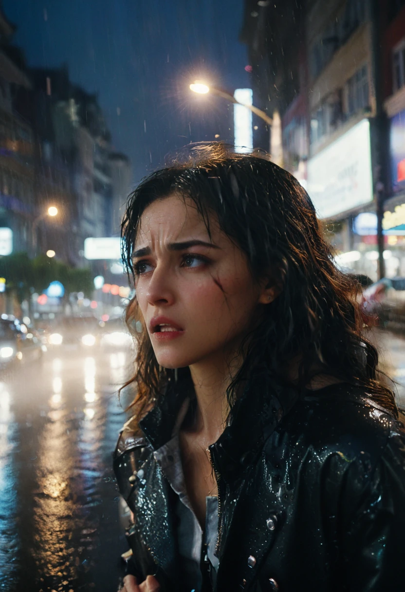On a rainy night on the street, a woman faces her boyfriend head-on with anger and pain on her face. Her expression seems to be breaking with his infidelity. The background is a city night, a rainy street, close-up, cinematic still, emotional, harmonious, vignette, 4k epic detailed, shot on kodak, 35mm photo, sharp focus, high budget, cinemascope, moody, epic, gorgeous, film grain, grainy, bright colors, highly detailed, sharp focus, intricate, cinematic light, elegant, confident, rich, animated, background composed, vivid, very coherent, shiny, excellent composition, dynamic, ambient dramatic color, beautiful, epic, stunning, (masterpiece, best quality, Professional, perfect composition, very aesthetic, absurdres, ultra-detailed, intricate details:1.3)