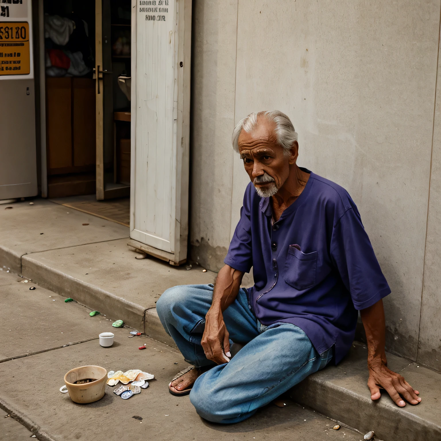homeless grandfather, unwell shirt, skinny, beggar, a lady, give homeless money.