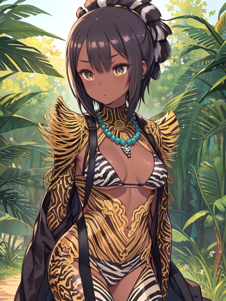 (((highest quality))), (((Tabletop))), ((((zebra camouflage clothing))), Muscular 35 year old African woman, Zulu warrior, Body War Painting, perfect and proportioned body, I barely wear clothes、Wearing many necklaces and body ornaments、Dark-skinned Savannah Warrior., Shaved Hair, tiny bikini made of African beads, holding a spear and walking through the savannah, Dried plants, very hot, She sweats、Black skin glows under the scorching African sun
