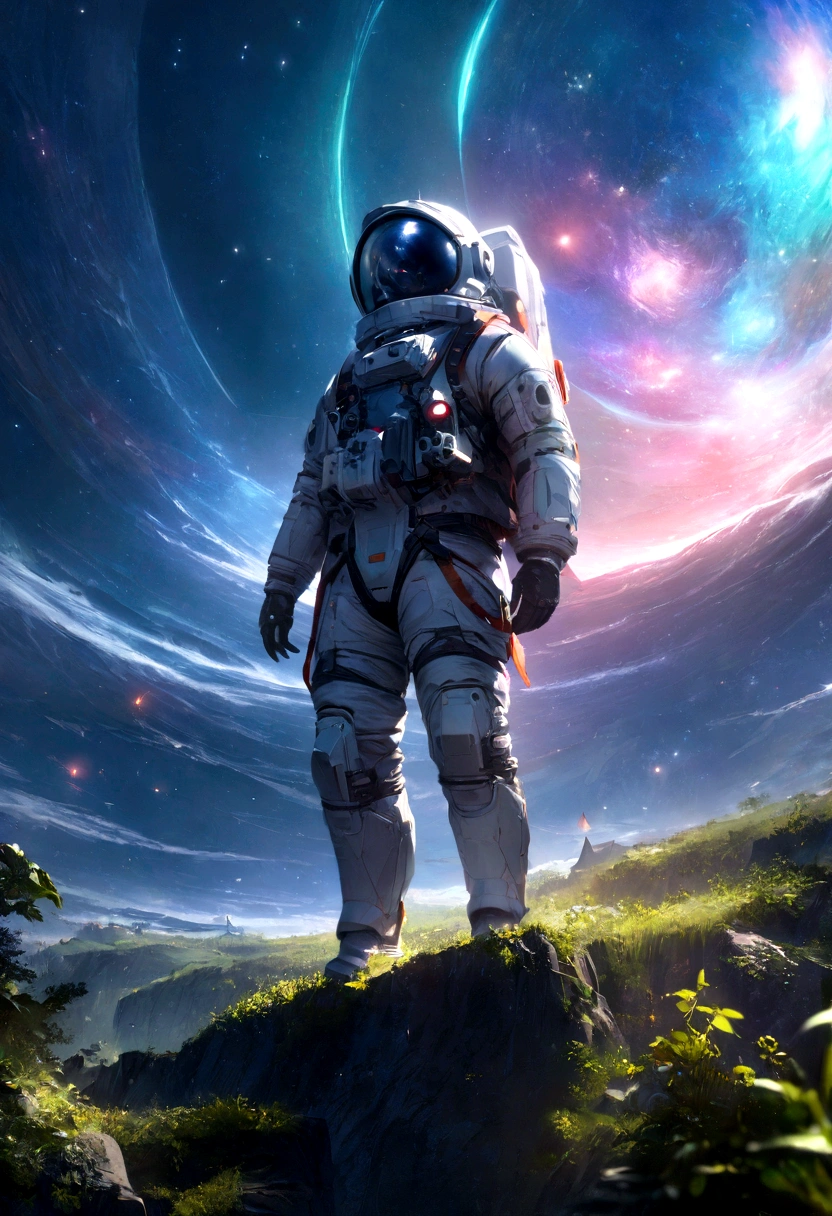 an astronaut standing in a lush field, nomanssky style wallpaper, 4K high resolution concept art beautiful masterpiece,abstract dream, space, intricate, large scale, alone, cinematic film still, Insane detail, sharp focus, depth of field , realistic lighting, (realistic perspective), complex, (multiple subjects), 4k HDR,