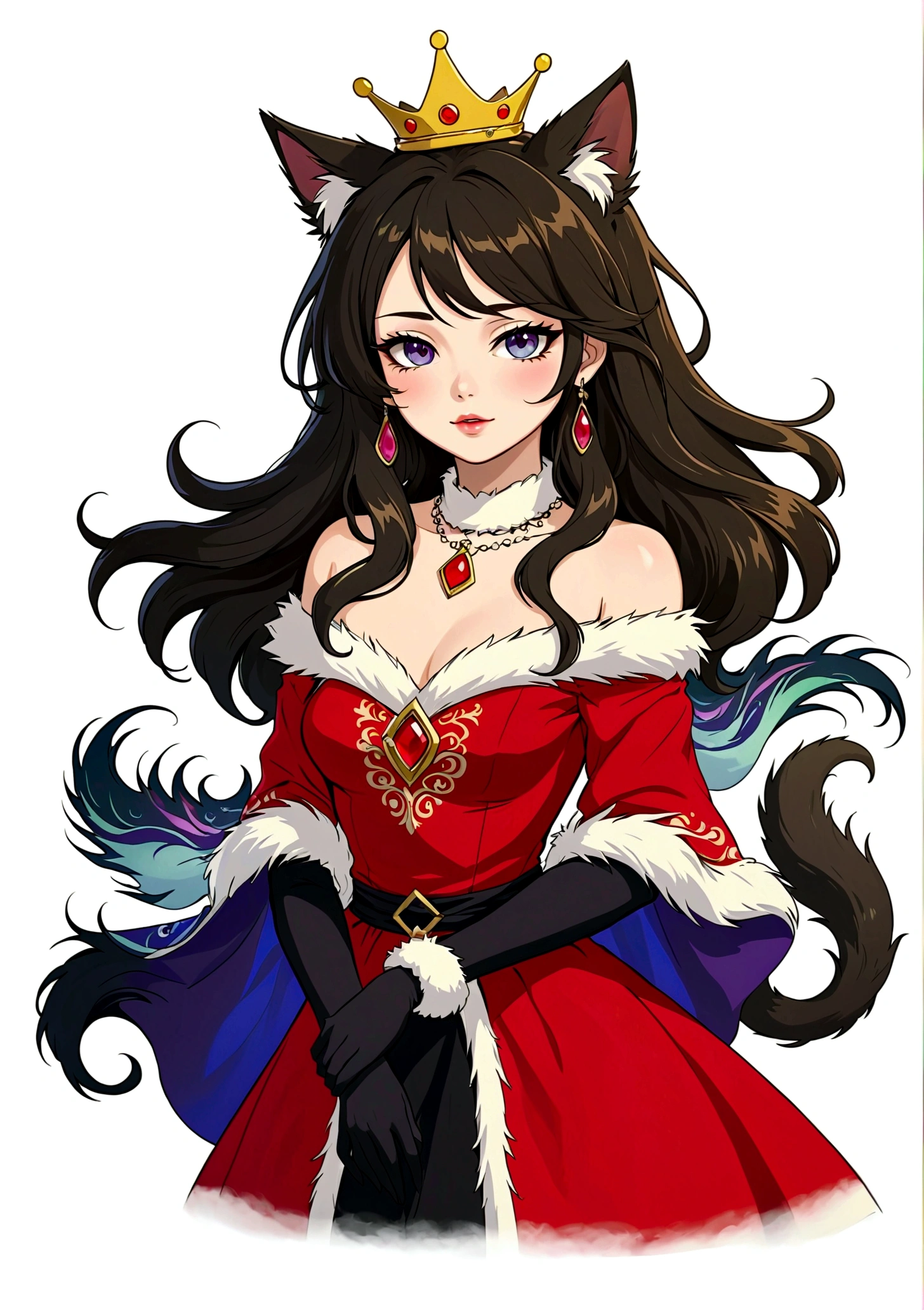 Anime Girl，Purple Eyeshadow，Black long hair，Cat ears，Small Crown，Red off-shoulder dress，Fur collar shawl，wave
