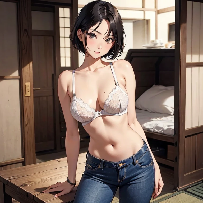 Adult、sexy、lady、orgasm、麗しい顔だちなジャパニーズスーパーlady、Inducing puberty just before puberty, outdoor summer, nipple erection induction, tight 7/8 length jeans showing the lower abdomen, black hair, 37 year old Japanese model, erect penis inducement pose, standing alone, 37 year old woman, bra、High-end penis seduction high-end repair figure solo pose、Very short hair boyish style、Nude Tension Nude Cool Beauty 37 years old Loose Adult Bra