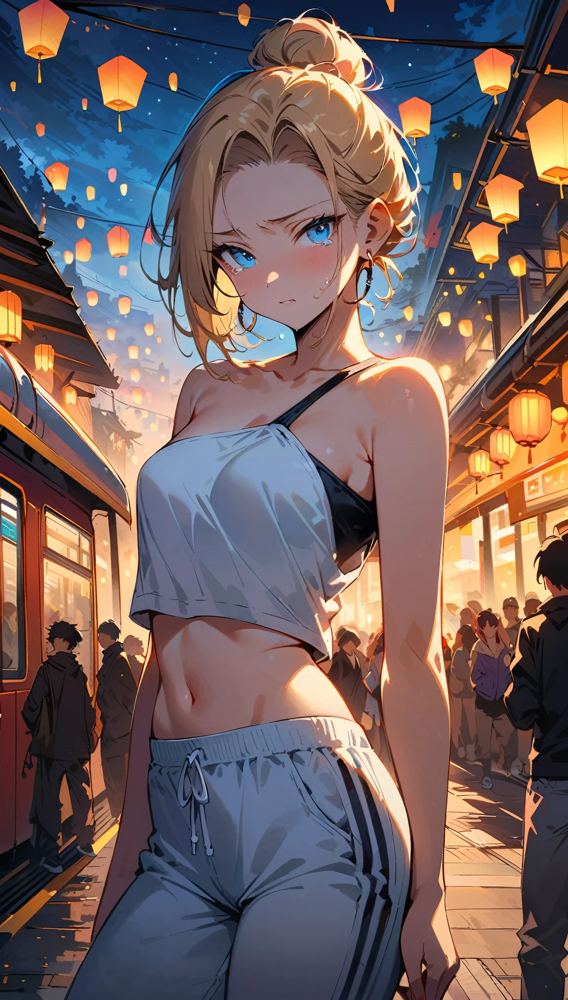 (masterpiece, best quality:1.2), solo, Android 18 from Dragon Ball, (light gray top), ((slip-on one-shoulder crop top)), ((sweatpants)), ((light grey sweatpants)), thighs, midriff, small breasts, blonde hair, (single hair bun), ((blue eyes)), earrings on earlobes, slender feminine figure, narrow waistline, skinny body, long legs, tears of emotion, tearing up, train station platform, surrounded by tourists, countless sky lanterns drifting in evening sky, night, fair weather, dreamlike, surreal, fantastical, the Lantern Festival, magnificent view, blur background, 4K