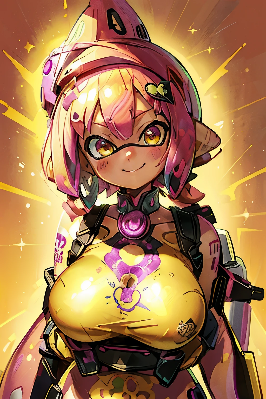 highest quality、High resolution、Real Anime、3D、Splatoon Girl、Alternative anime girl covered in tattoos, Lots of tattoos, tattoo sleeve, gigantic breast、Cleavage、Pink short tentacle hair、Golden Eyes、blush、Smiling with mouth slightly open、focus on pink and yellow colors, figure, basic color background, Industrial, graphic, lino print