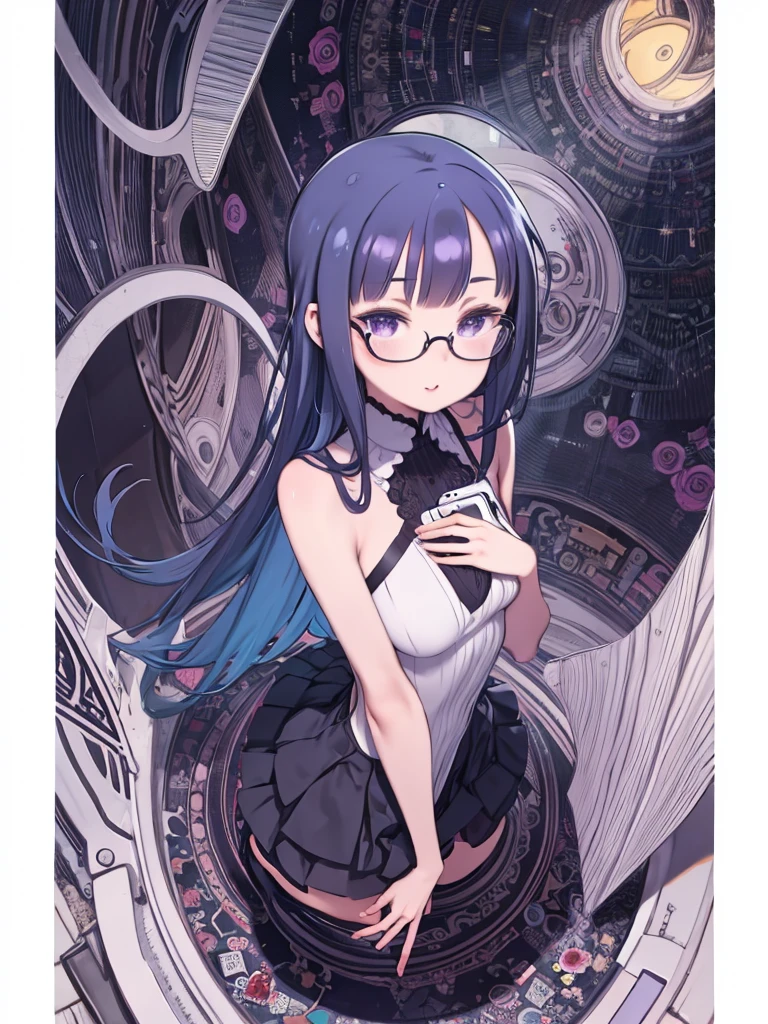 Purple eyes, Glasses, Large scale , Big Ass, Juicy lips, Big Lips, droopy Purple eyes, Large scale lashes,smile, Look forward, straight dull bangs, Purple highlights in hair, Expression of madness, ((Blue Hair)), spiral状の目, @_@, wearing White,Eye decoration for hair, spiral, whole body , ((White)), Are standing, Have a phone, Pulling on panties
