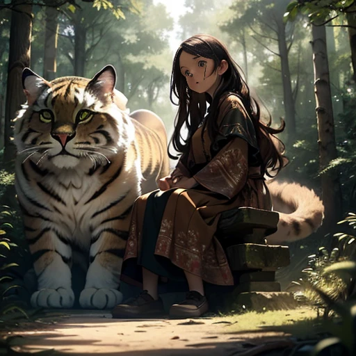 Girl with a cat in a forest clearing; 1 cute chubby brown-eyed red-haired girl 22 years old in a medieval dress(brown and green colors) sitting on a stump in the middle of a forest clearing(thoughtful expression), 1 large, well-fed black familiar cat sits nearby(very big cat:1.3)); realistic environment, many small environmental details, Intricate details, high quality textures, high detail, realistic textures, (sit next to:1.1)