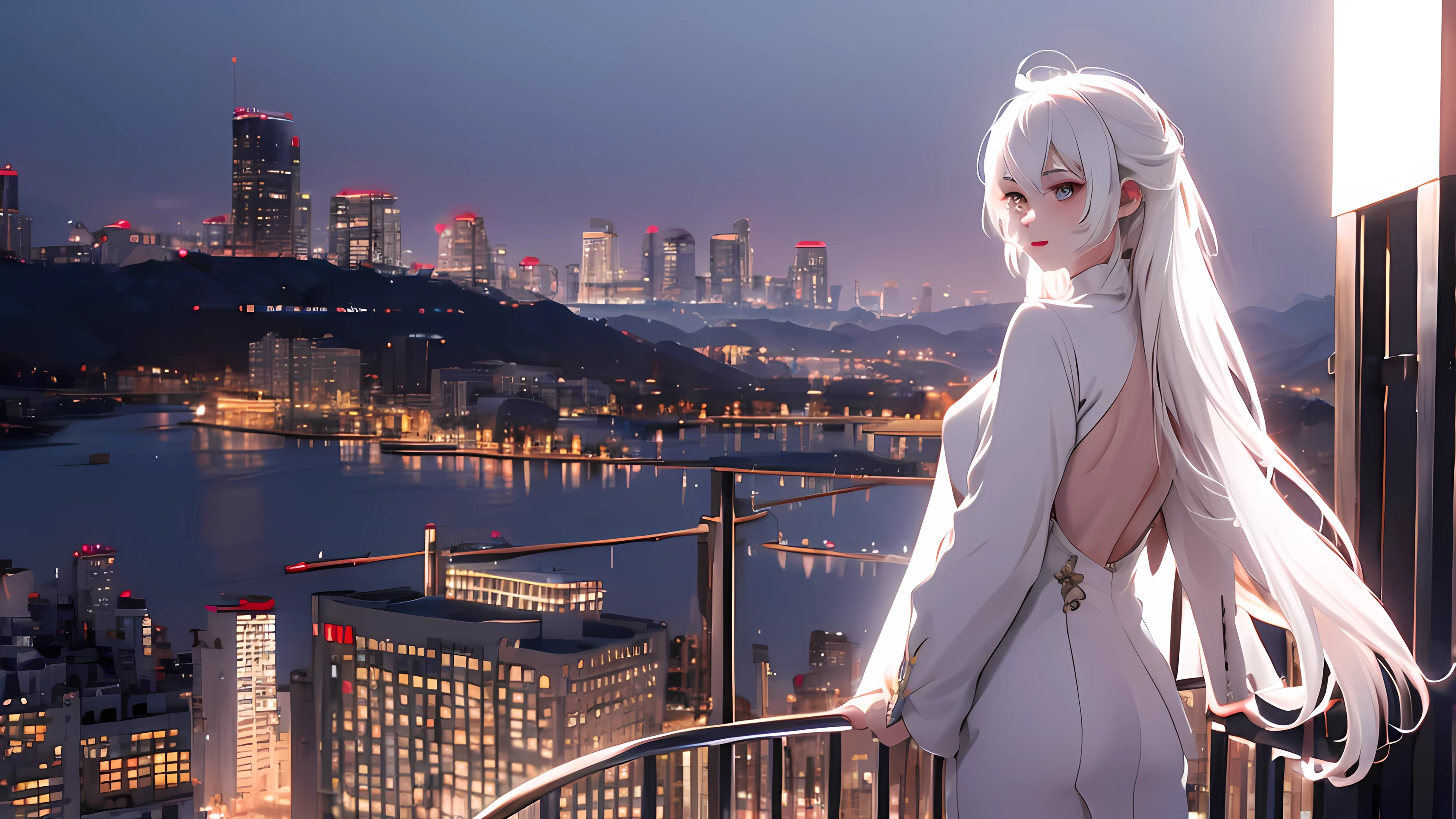 1 girl, medium light white hair, light white eyes, wearing nude show outfit, city, 18+, high res, ultrasharp, 8K, masterpiece, looking from behind 18+