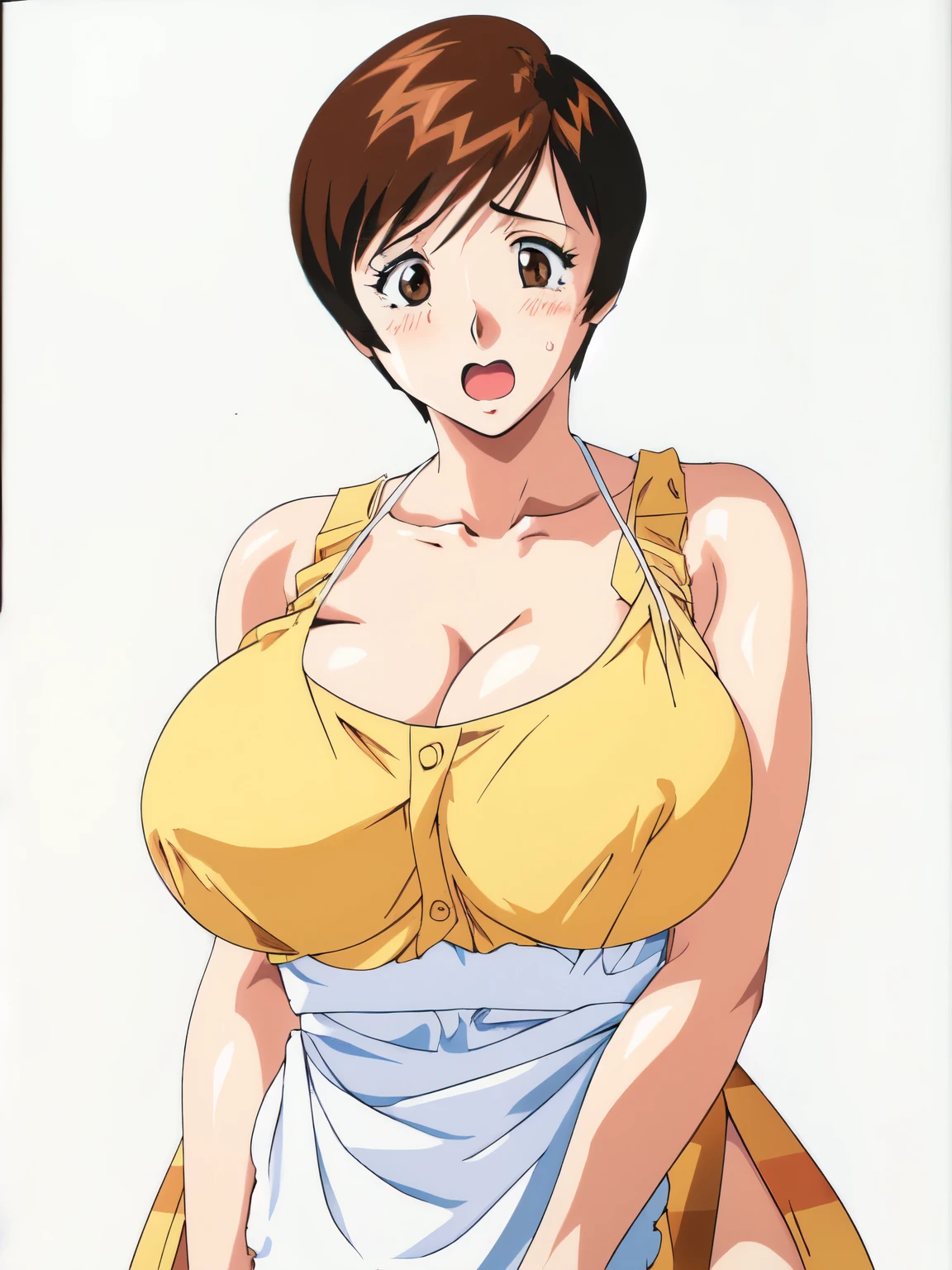 masterpiece, highest quality, High resolution, One girl, alone, sexual intercourse, Pornographic images, short hair, etsukoto, Brown eyes, fine grain, fine grain, (((Thick thighs, Plump thighs, Voluptuous thighs, Thighs alone are enough))), Huge and ample breasts, Cleavage, Huge long breasts, Naughty big,((Big breasts are important))、((Naughty thighs)), L Cup, (thin:1.4),(Tight waist:1.4),  (Yellow Dress:1.4), ((white waist apron)), White panties, surprised, wide eyed, open mouth, (((Simple Background))), ((Wide Hips)), Shiny, Oily skin, Mature mother, Calf, Seductive mature woman, Perfect body, Plus Size Model, etsukoto, blush, clavicle, retro artstyle, 1990s (style), ((upper body)), (((looking away))), [from side],