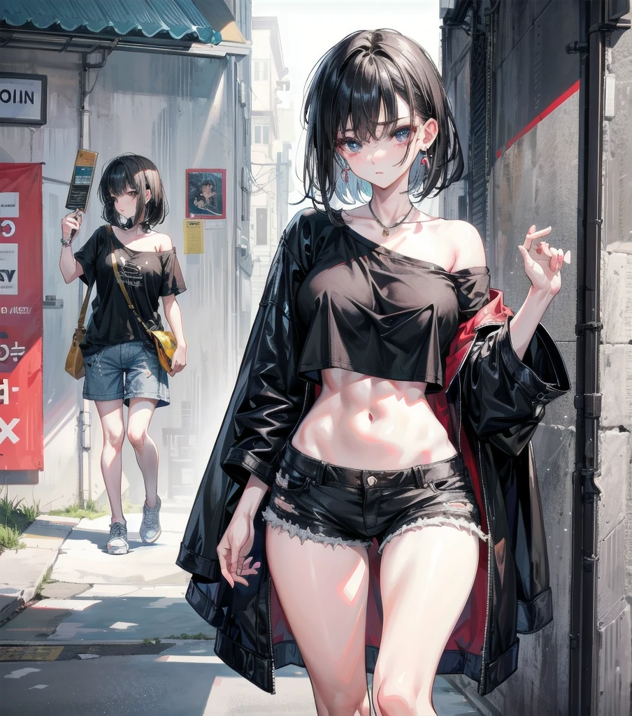 perfect anatomy, correct body, ideal ratio of body proportions, tearful mole, earring, medium hair, black hair, big tits, whole body shot, shorts, t-shirt, off-shoulder,