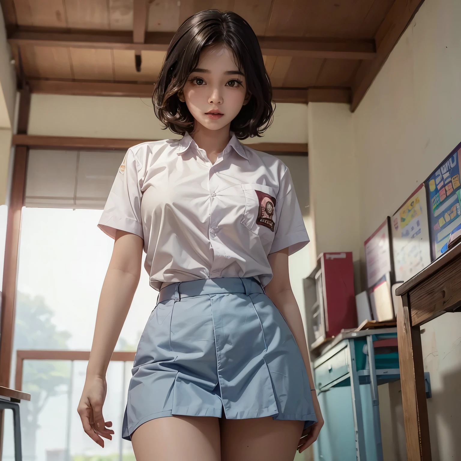 RAW, Best quality, high resolution, masterpiece: 1.3), Beautiful young indonesian girl with short wavy hair, big , sex pose, showing vagina, open legs showing vagina, creamy vagina, focus on vagina, porn, dildo on vagina, on a top,  ((senior high school clothes)), orgasm, highres, 4k, HDR, 1girl, realistic, big breasts, short wavy hair, ((whole body)) turning away facial at viewer, closeup, school building background.